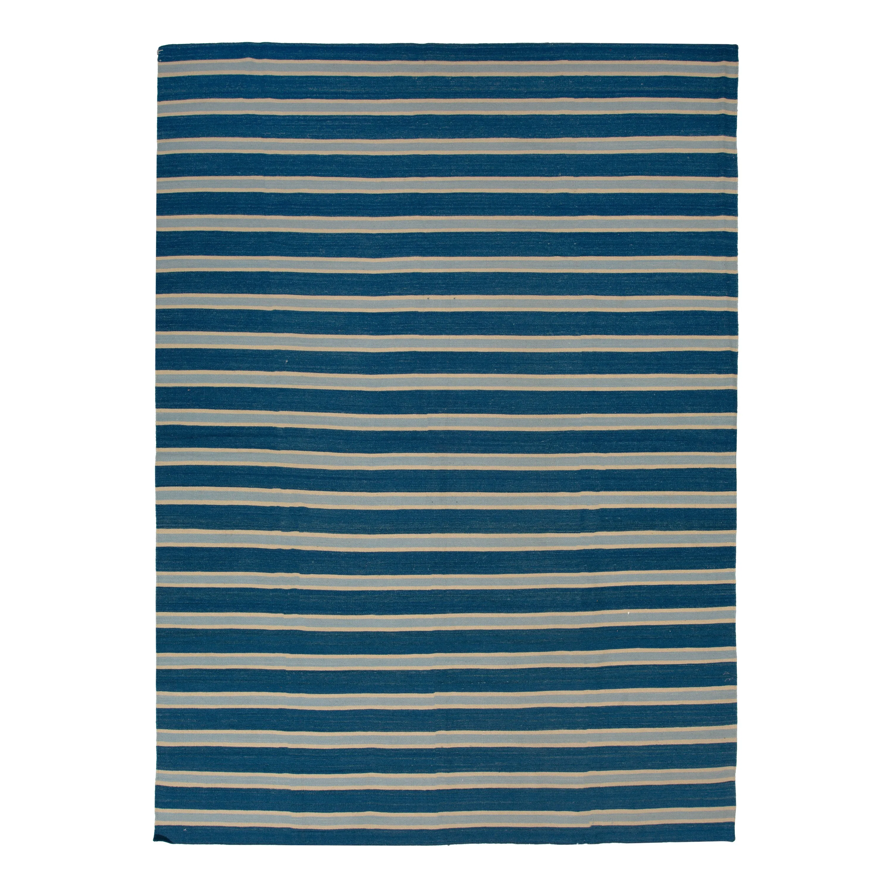 Blue Striped Dhurrie Wool Rug - 10' x 14'