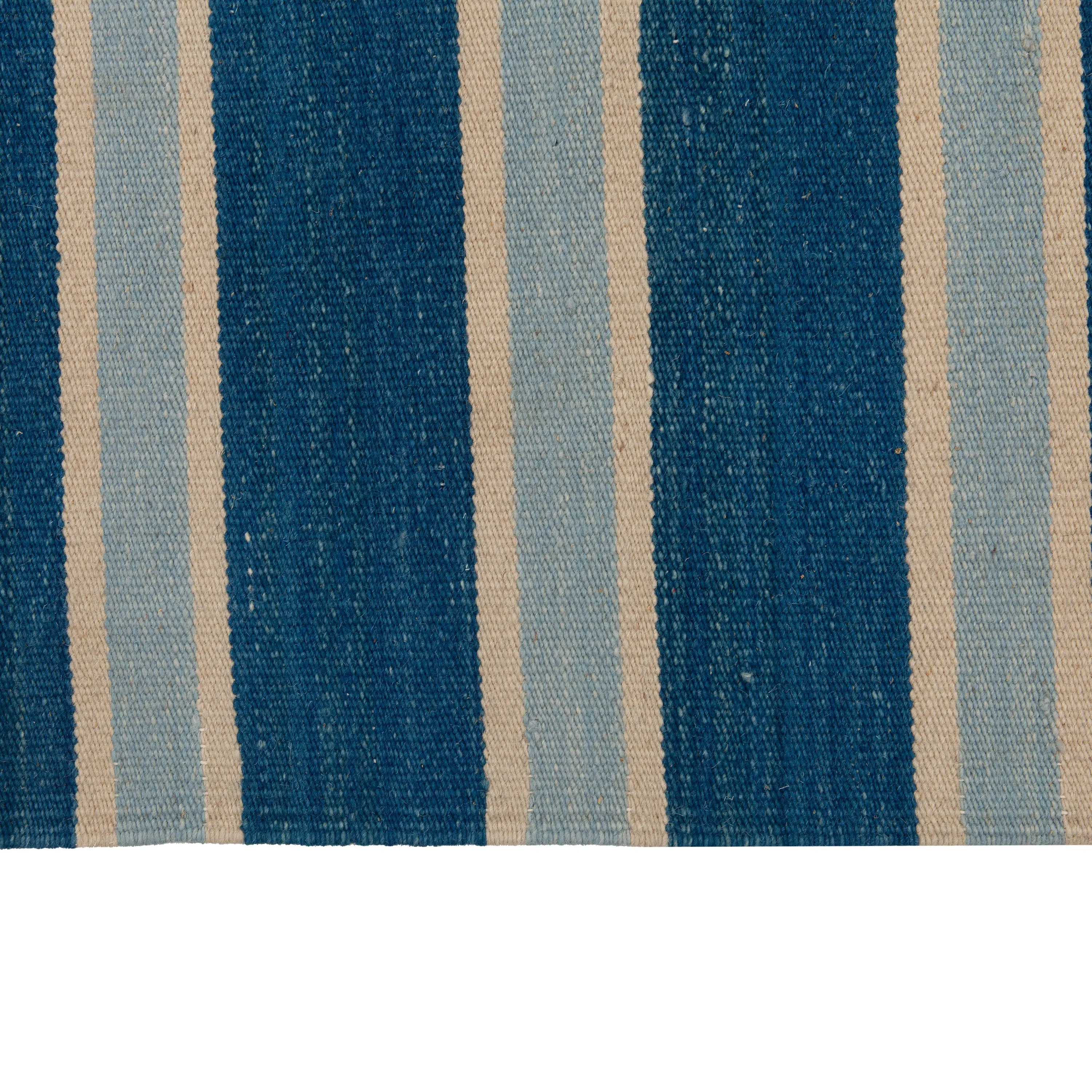 Blue Striped Dhurrie Wool Rug - 10' x 14'