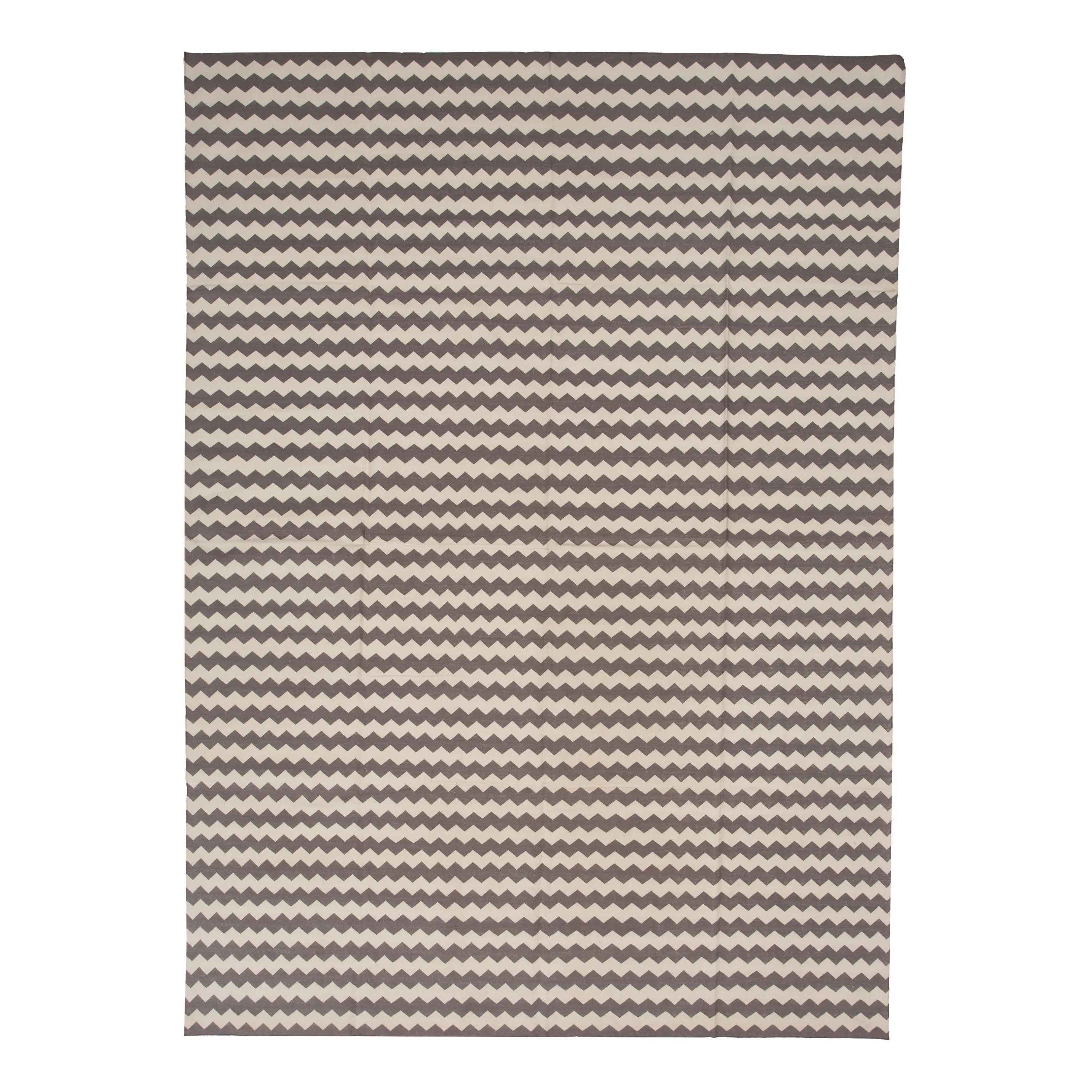 Brown and White Chevron Dhurrie Cotton Rug - 10' x 14'9