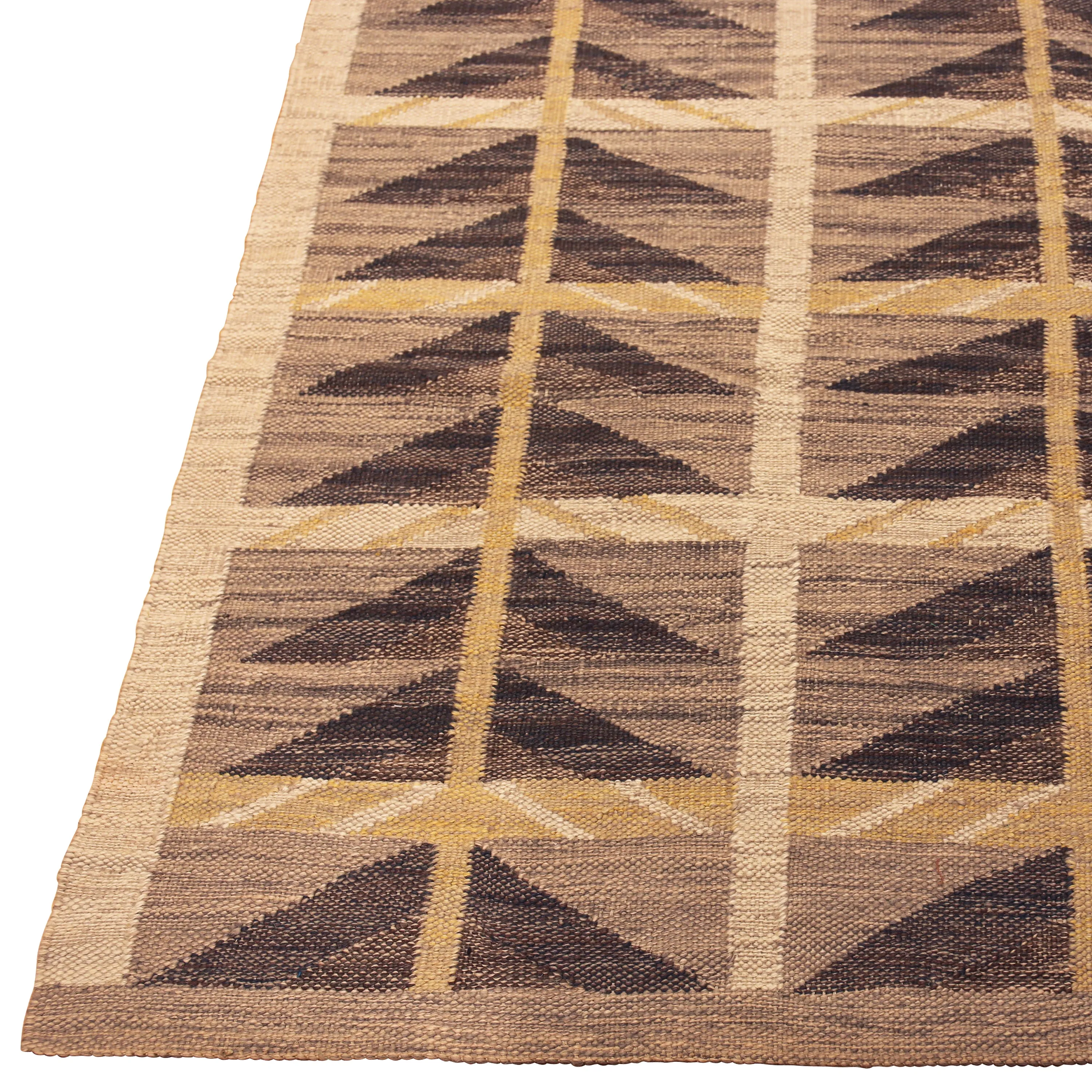 Brown Geometric Swedish Style Wool Kilim Rug - 9' x 12'