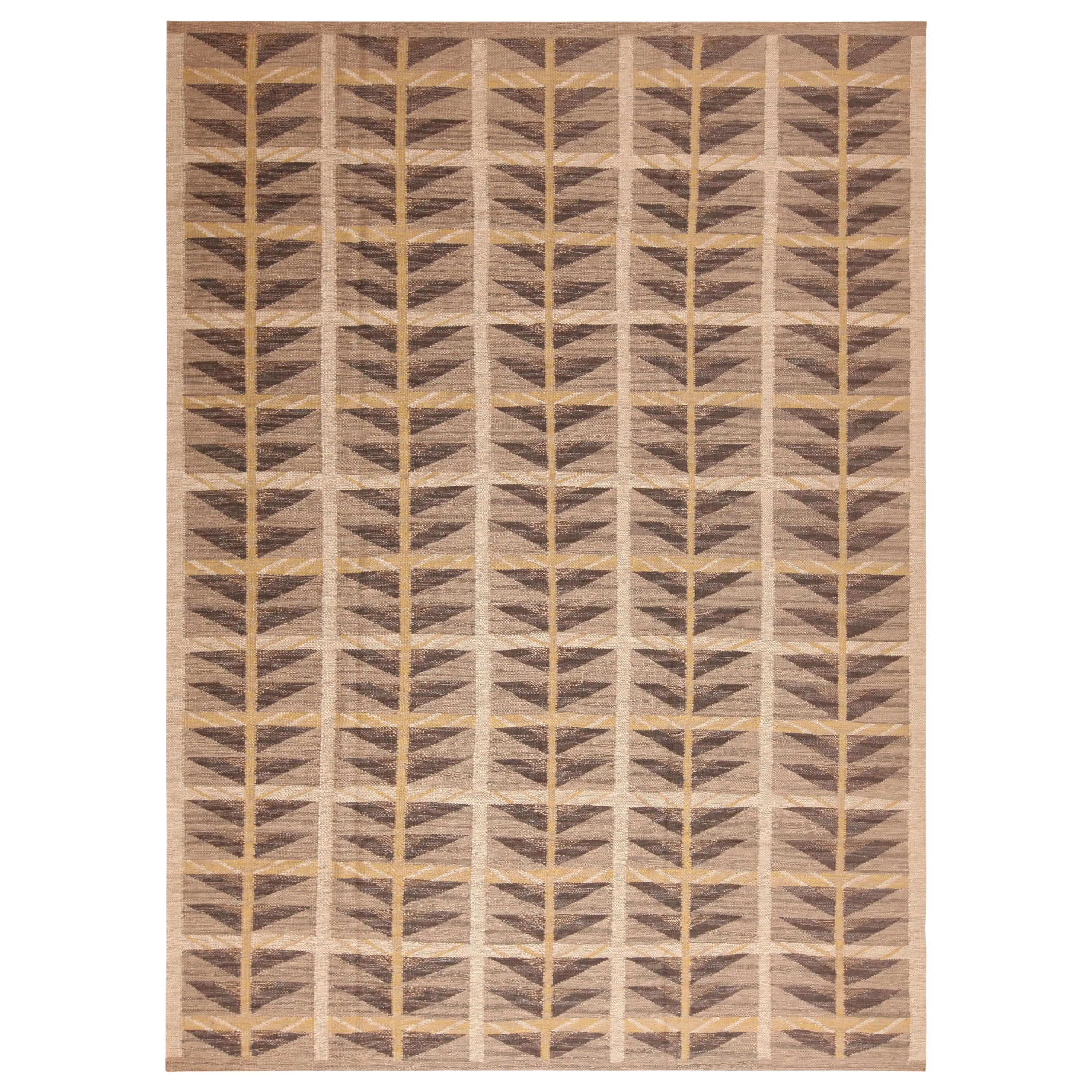 Brown Geometric Swedish Style Wool Kilim Rug - 9' x 12'