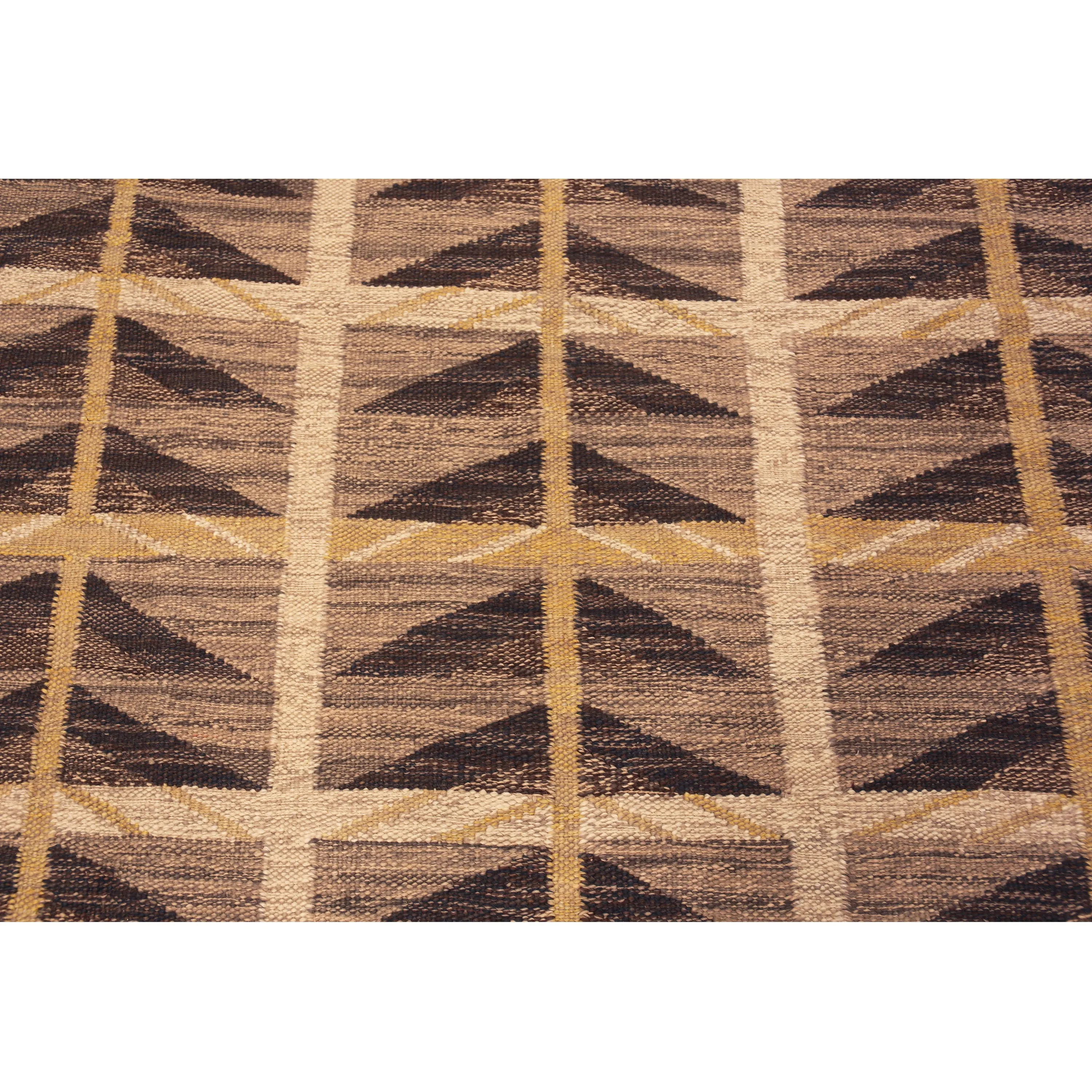 Brown Geometric Swedish Style Wool Kilim Rug - 9' x 12'