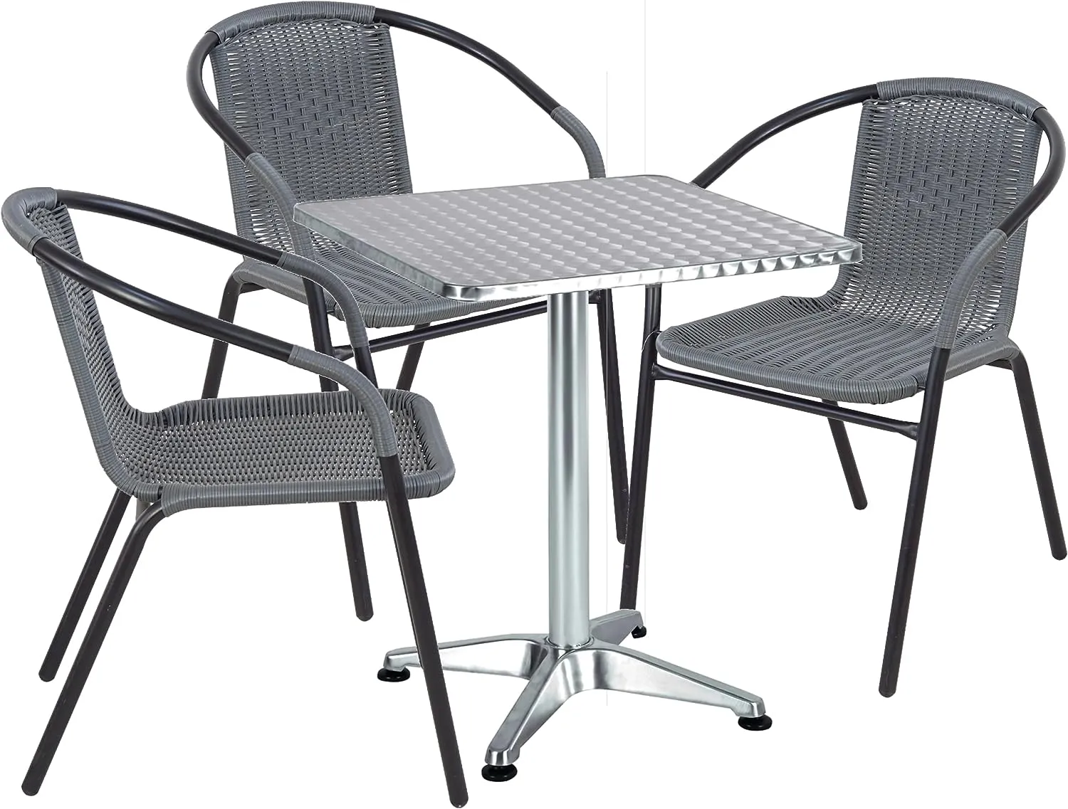 BTExpert Indoor Outdoor 27.5" Square Restaurant Table Stainless Steel Silver Aluminum   3 Gray Restaurant Rattan Stack Chairs Commercial Lightweight