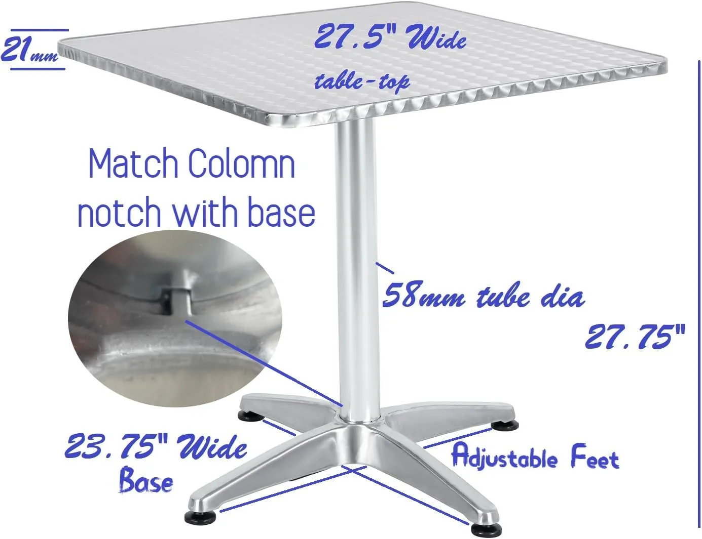 BTExpert Indoor Outdoor 27.5" Square Restaurant Table Stainless Steel Silver Aluminum   3 Gray Restaurant Rattan Stack Chairs Commercial Lightweight