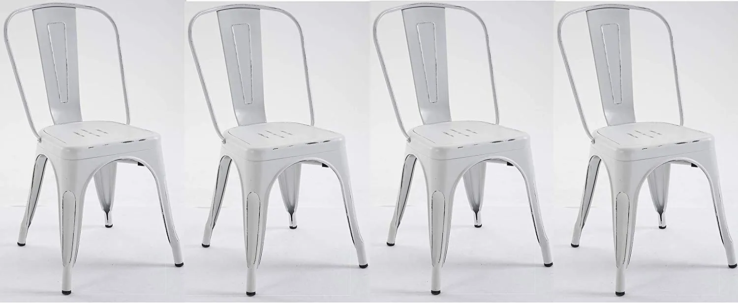 BTExpert Metal White Distressed Chic Indoor Outdoor Stackable Bistro Cafe Dining Side Chairs Set of 4