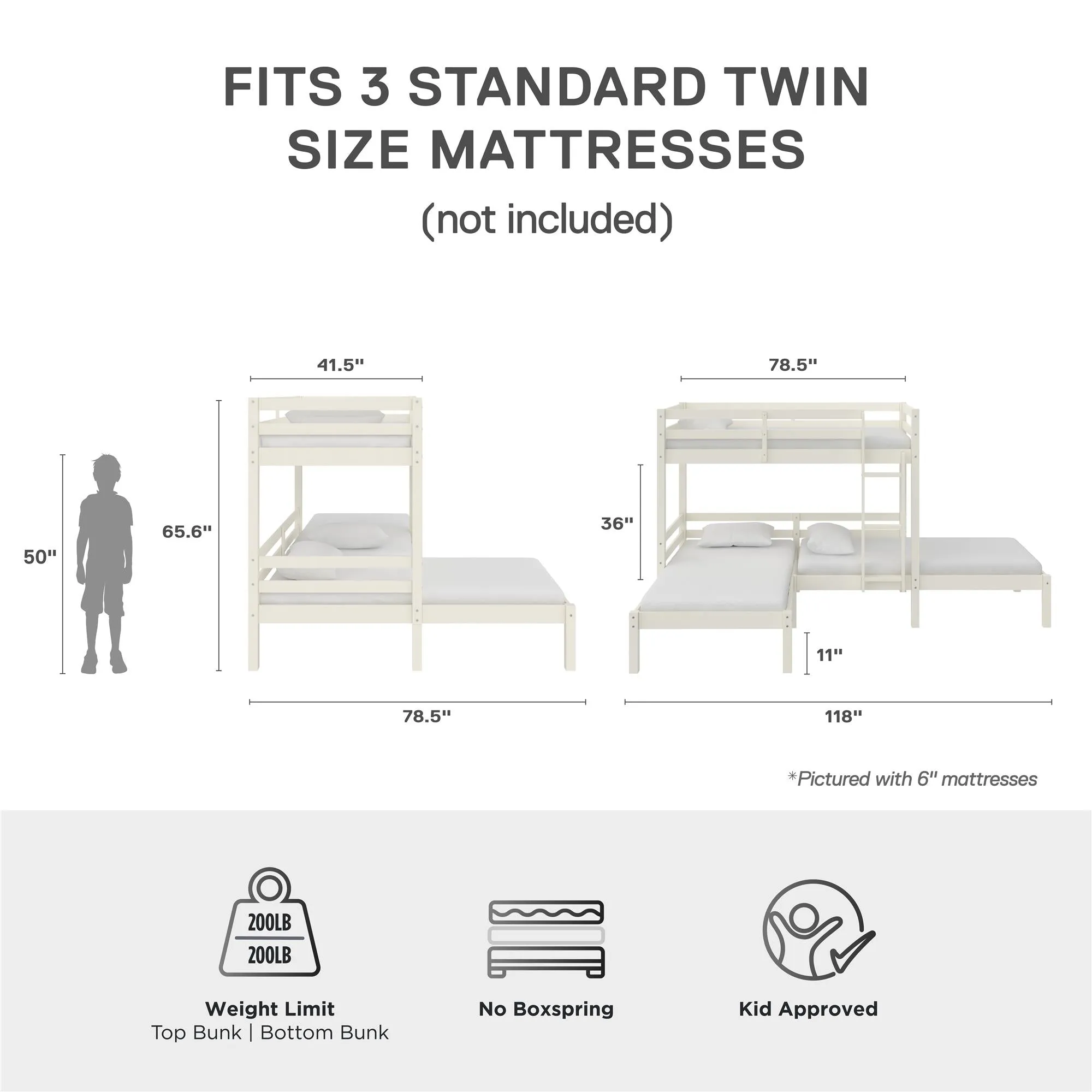 Casey Kids' L-Shaped Corner Triple Bunk Bed