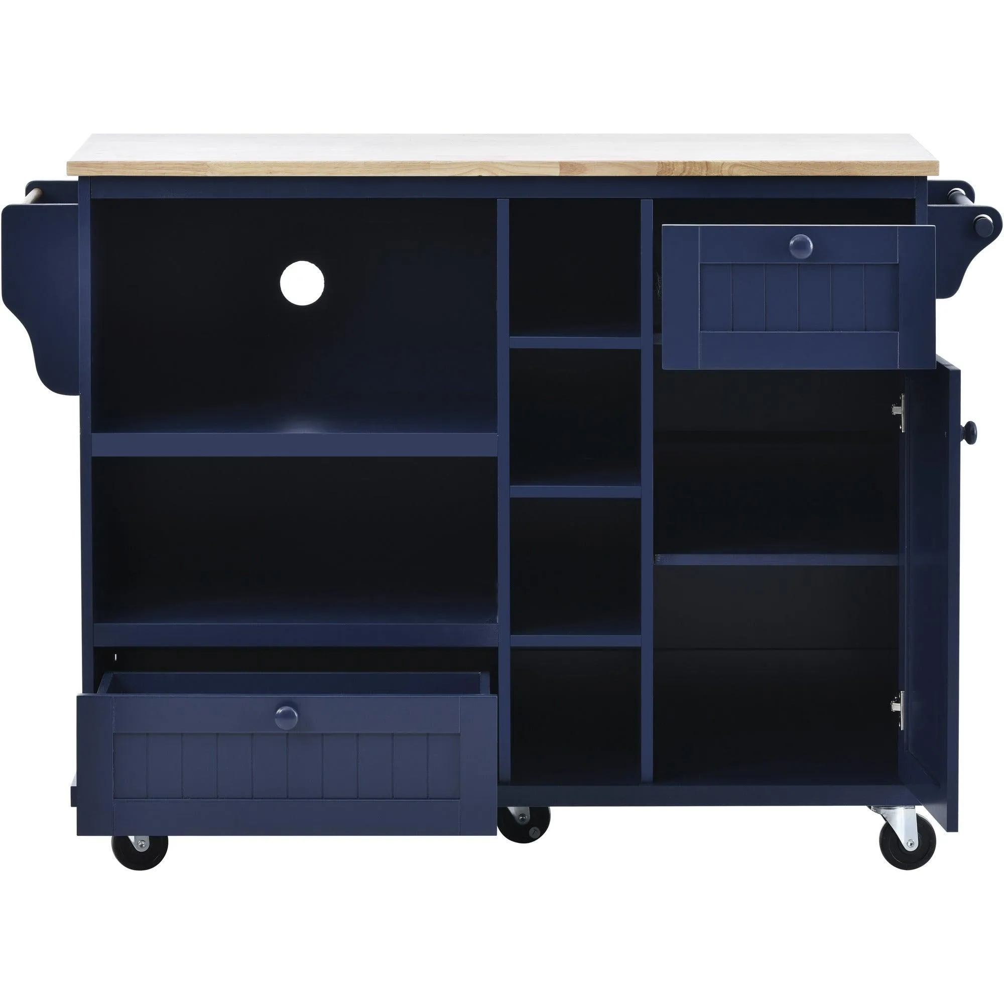 Dark Blue Kitchen Island Cart: Wood Top, Storage, Microwave Shelf