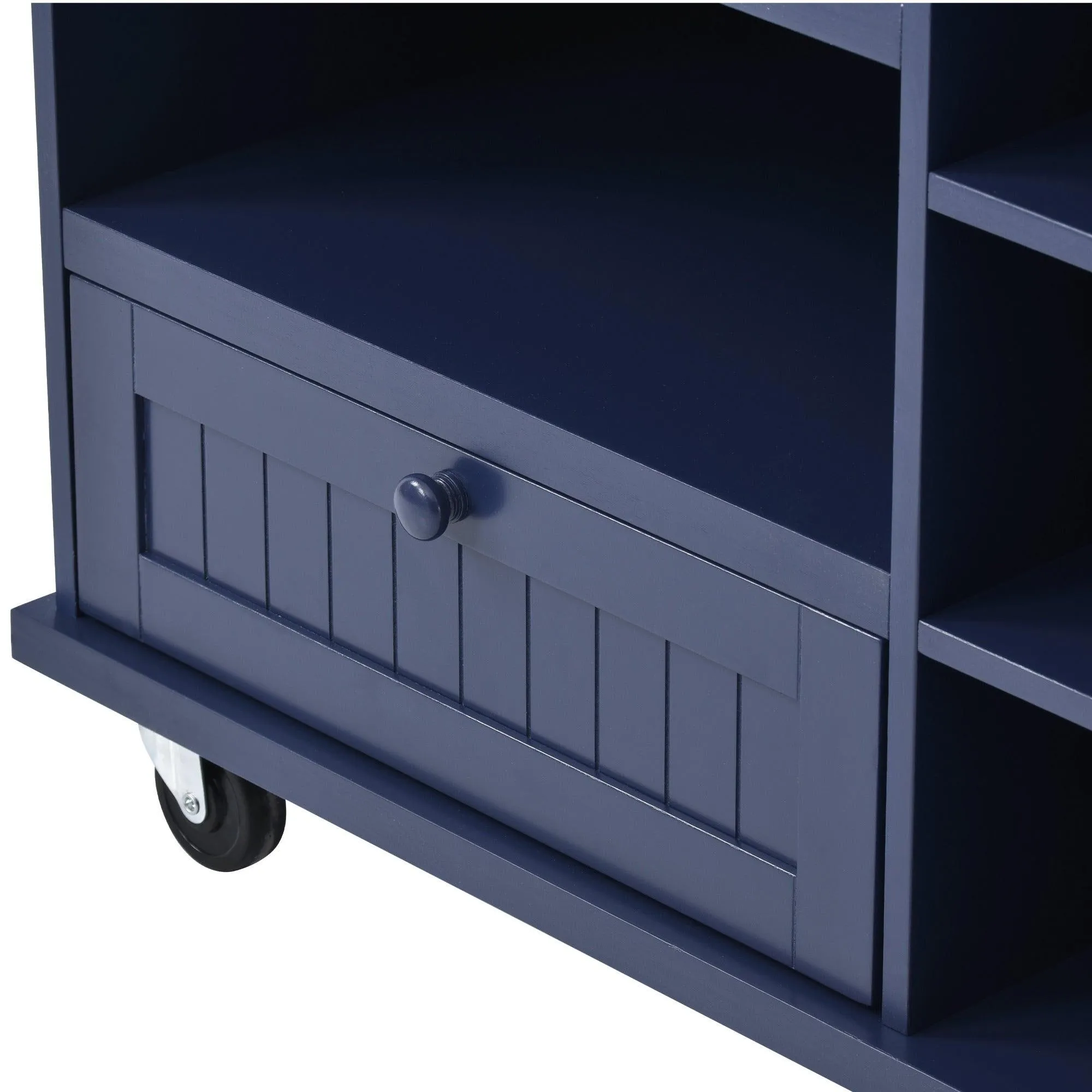 Dark Blue Kitchen Island Cart: Wood Top, Storage, Microwave Shelf