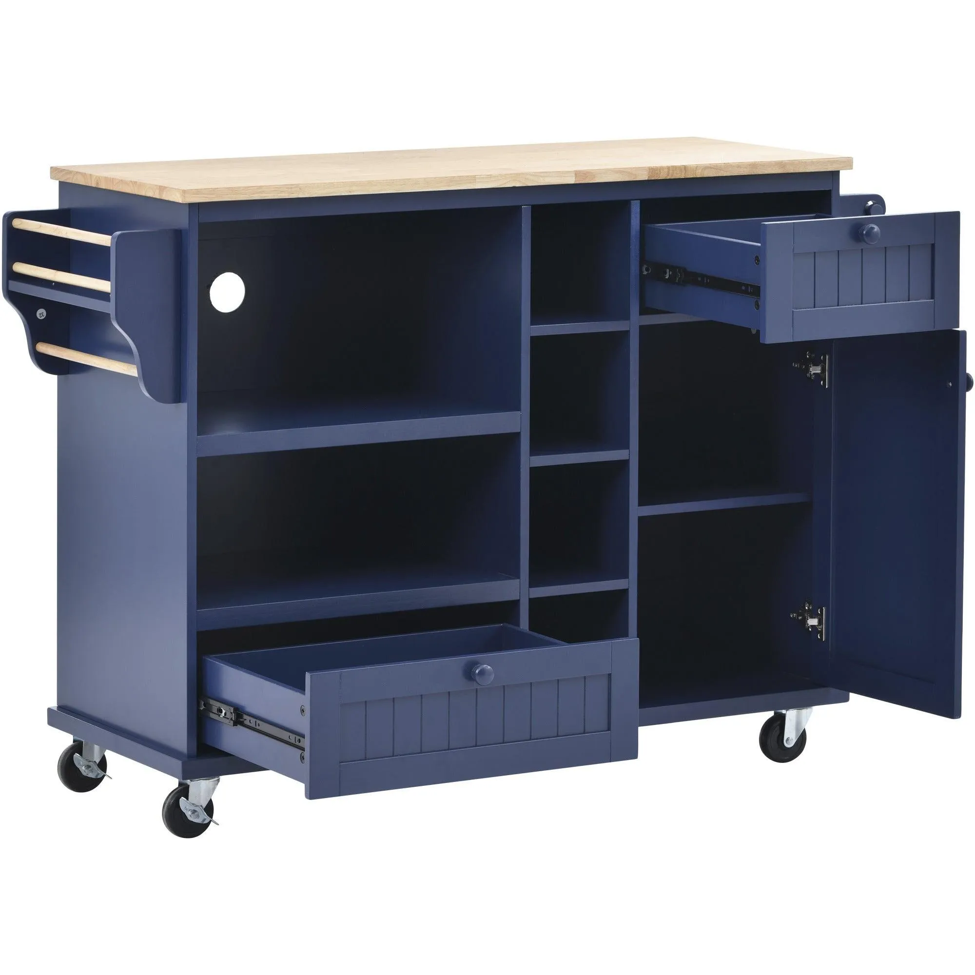 Dark Blue Kitchen Island Cart: Wood Top, Storage, Microwave Shelf