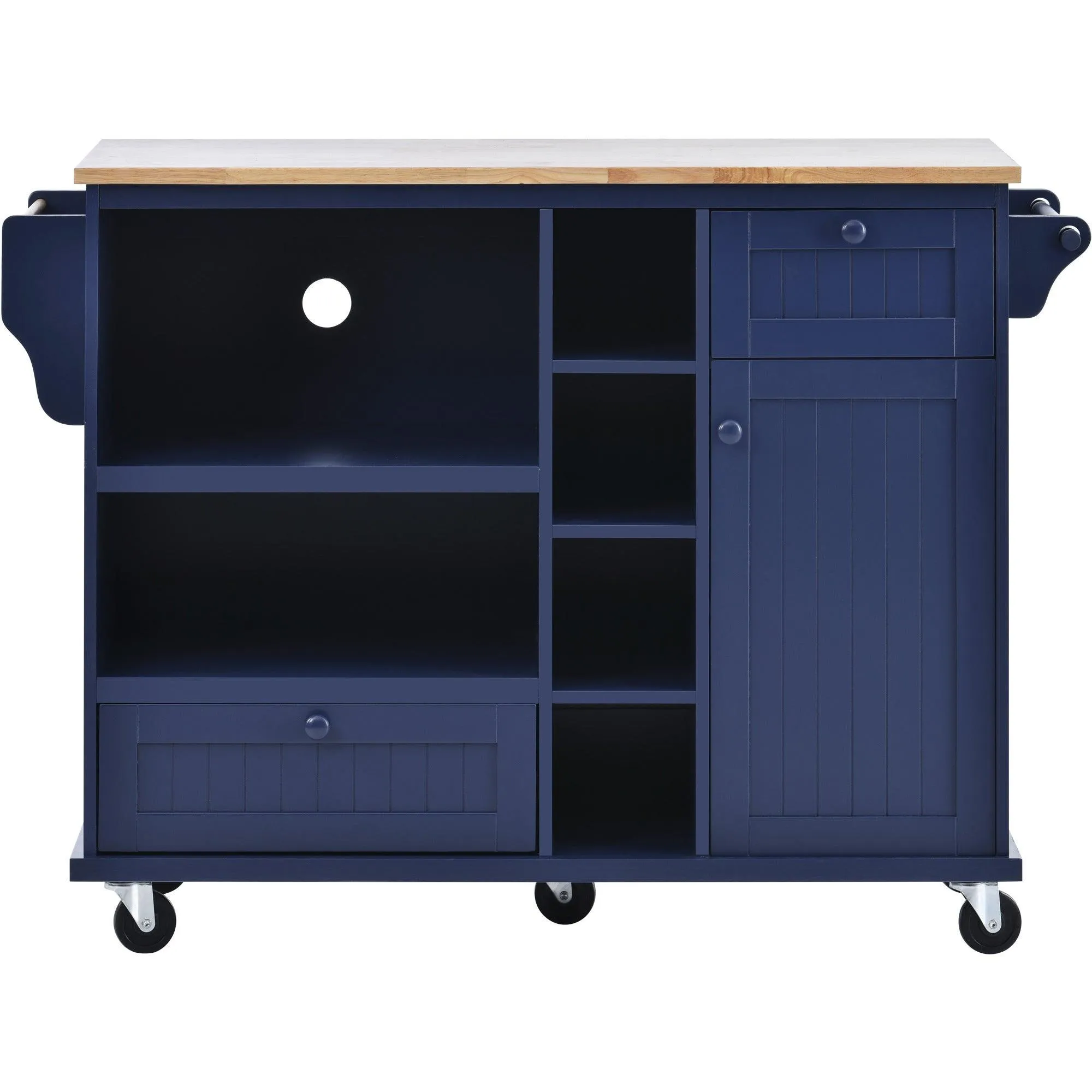 Dark Blue Kitchen Island Cart: Wood Top, Storage, Microwave Shelf