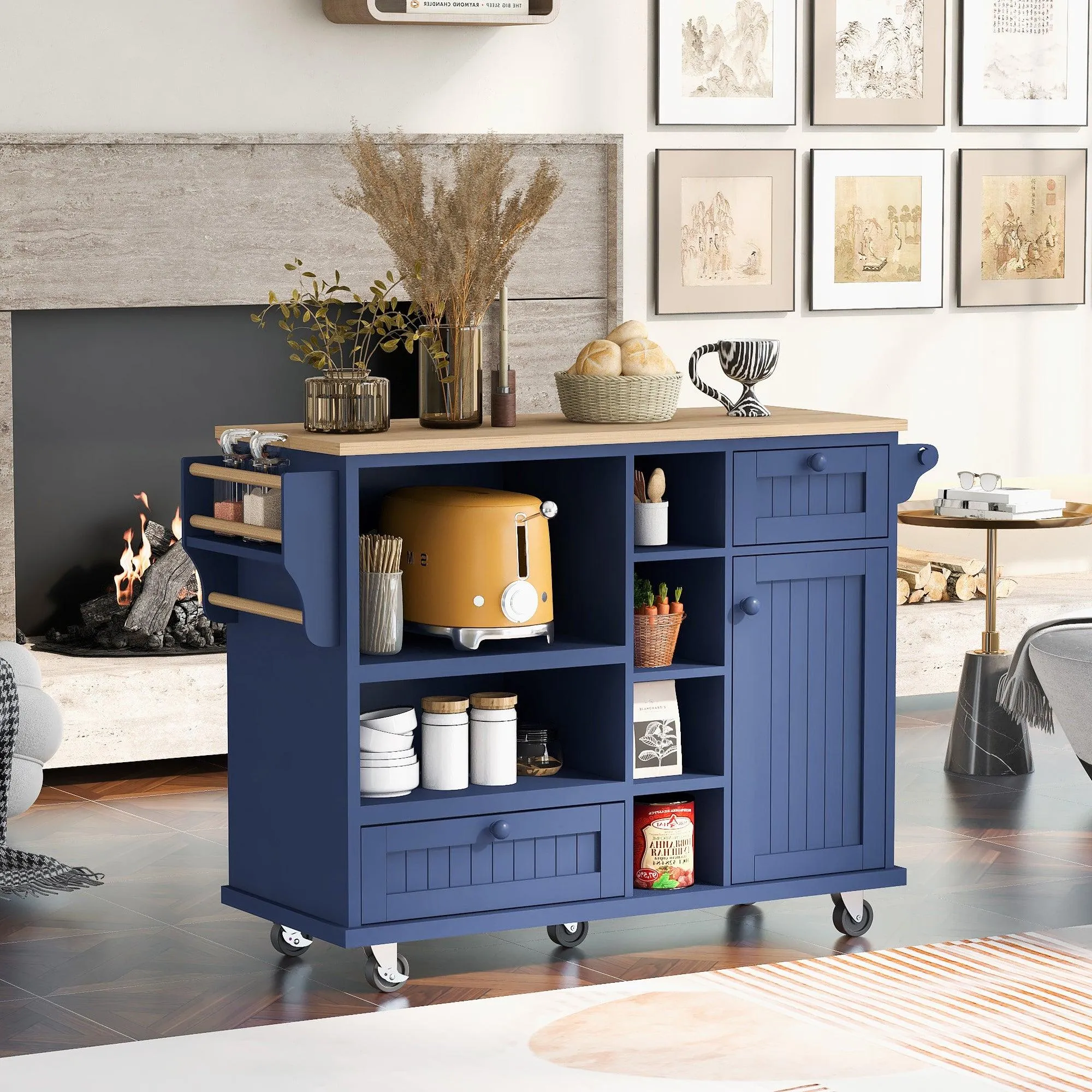 Dark Blue Kitchen Island Cart: Wood Top, Storage, Microwave Shelf