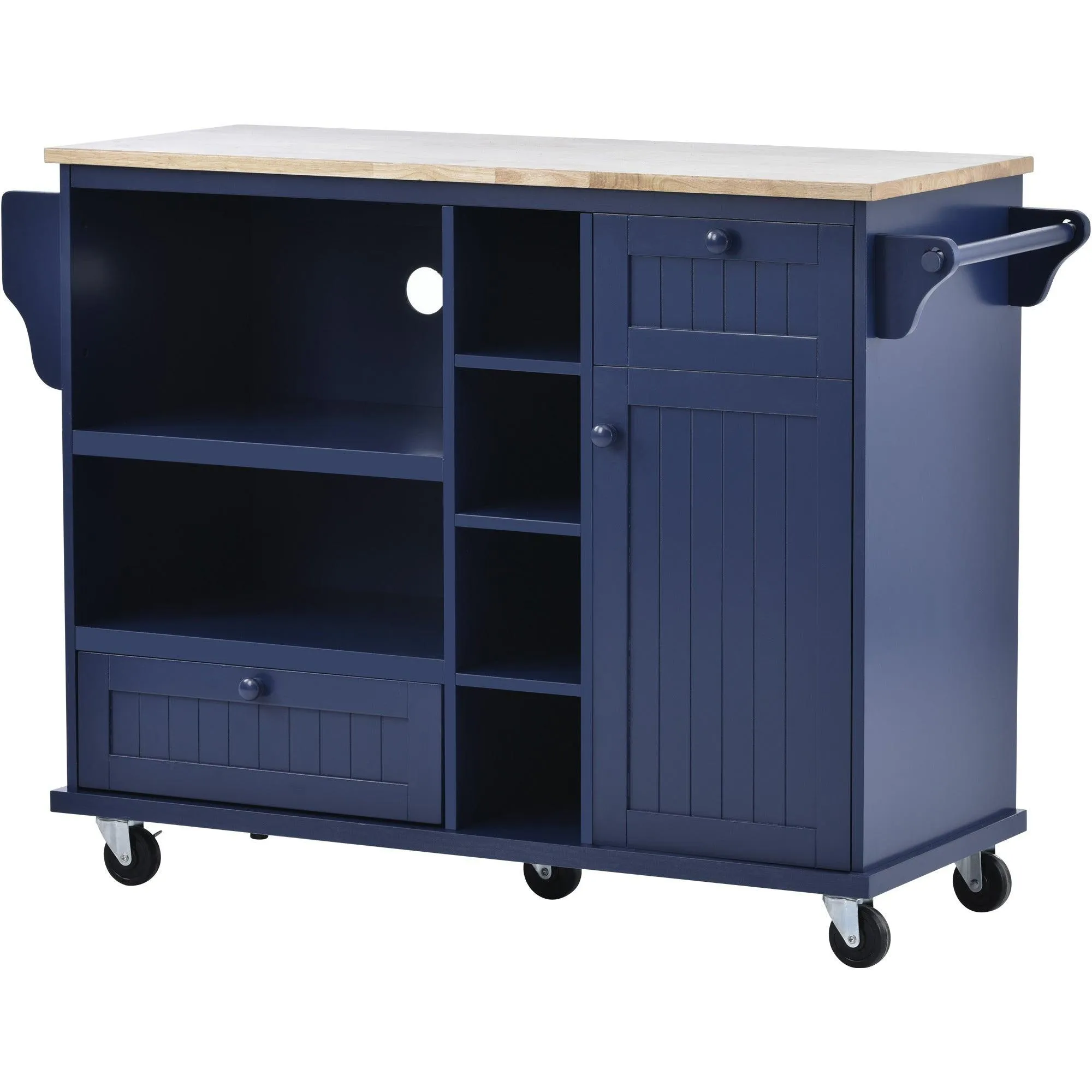 Dark Blue Kitchen Island Cart: Wood Top, Storage, Microwave Shelf