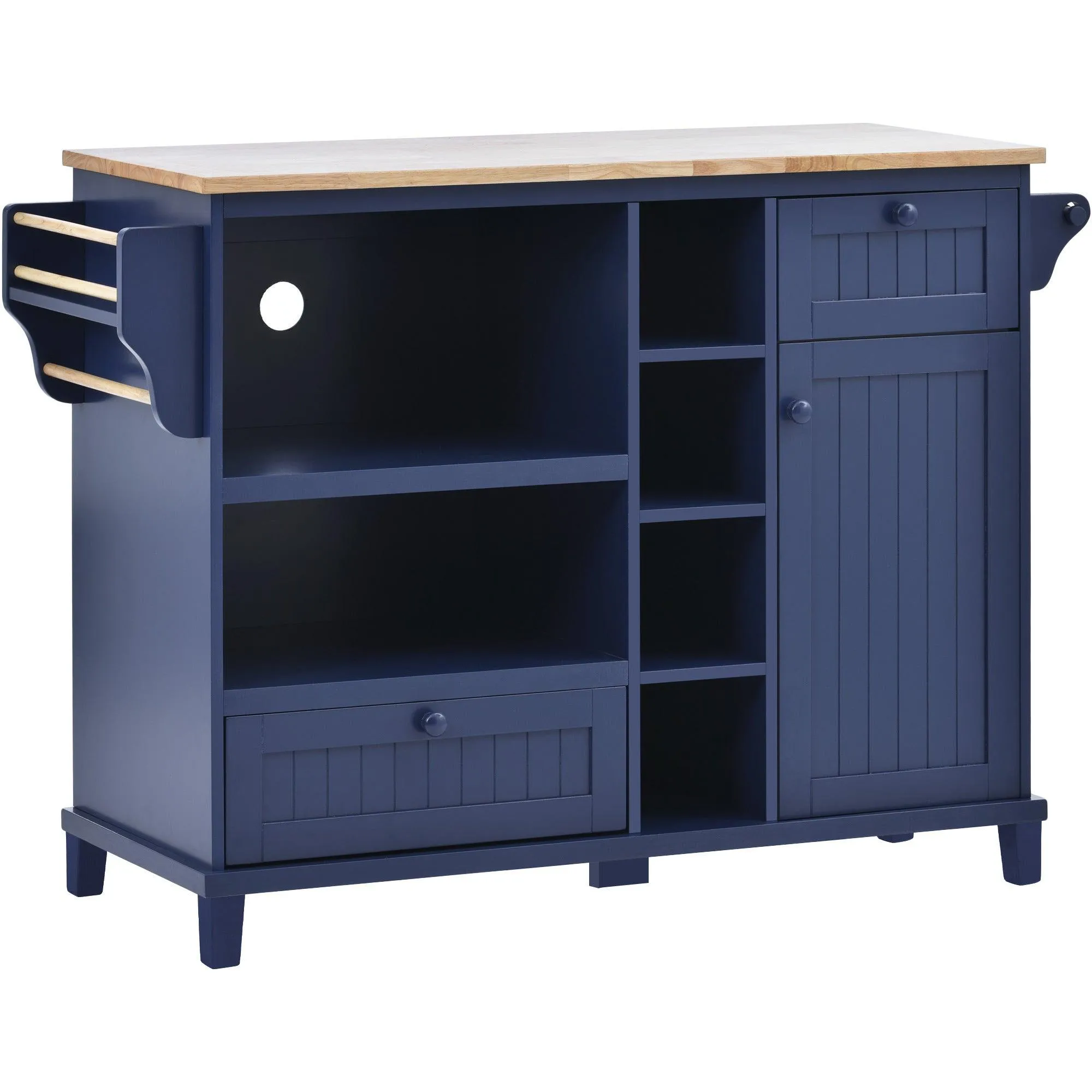 Dark Blue Kitchen Island Cart: Wood Top, Storage, Microwave Shelf