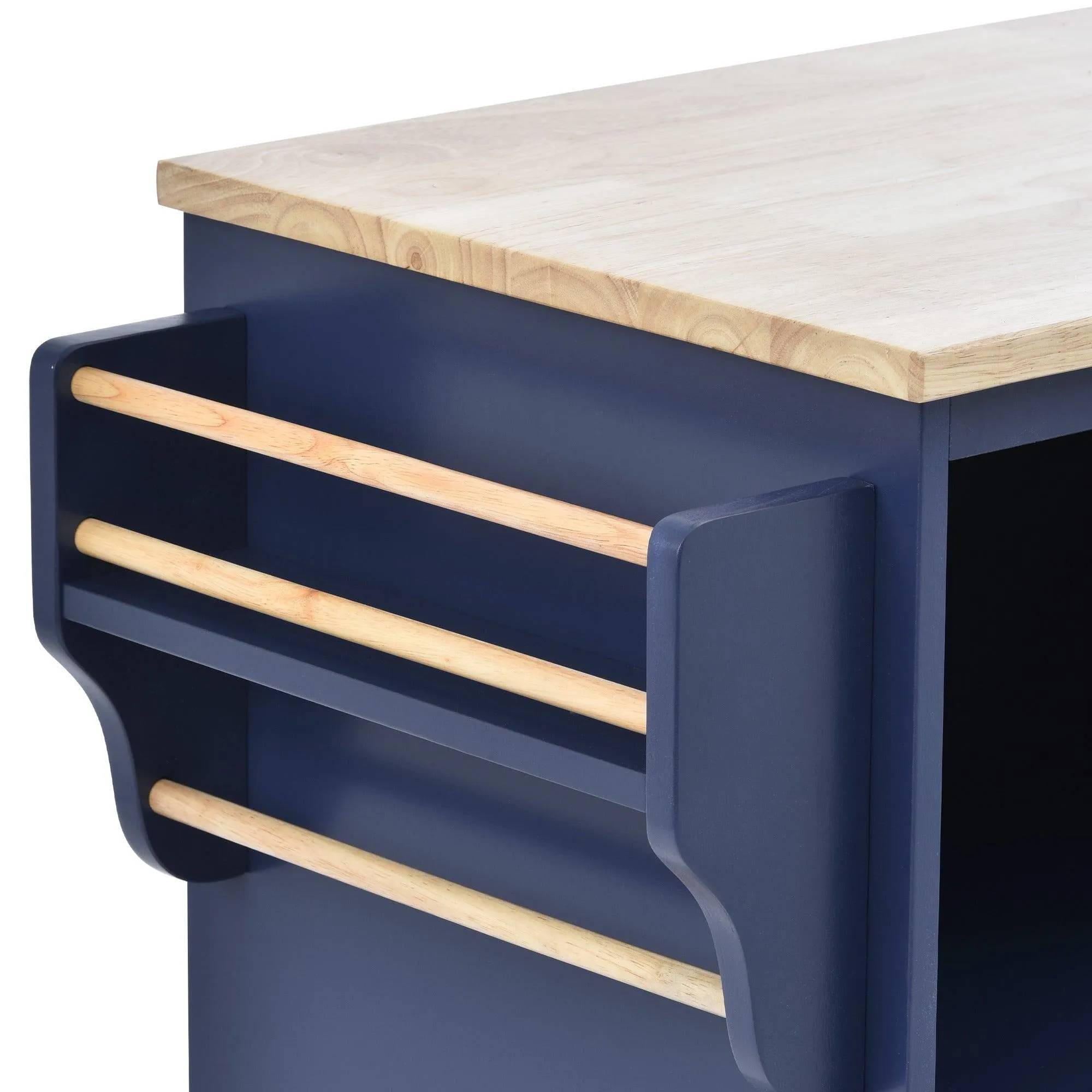 Dark Blue Kitchen Island Cart: Wood Top, Storage, Microwave Shelf