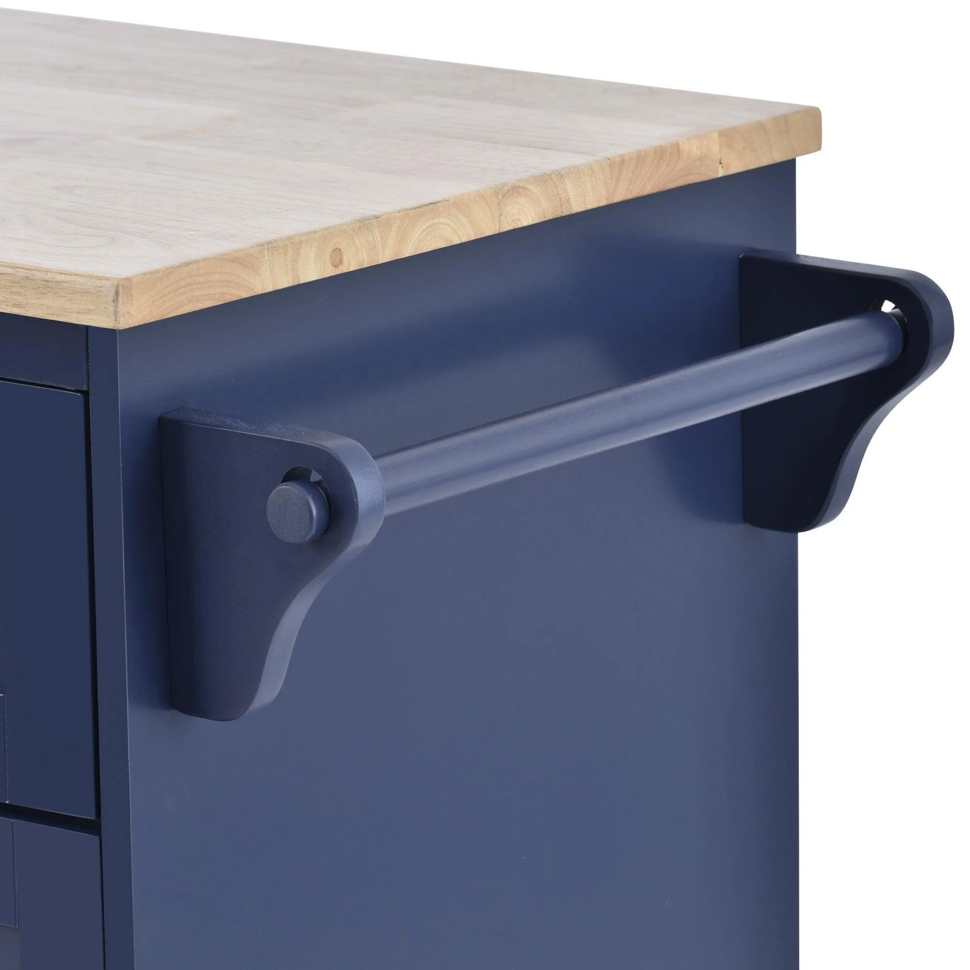 Dark Blue Kitchen Island Cart: Wood Top, Storage, Microwave Shelf