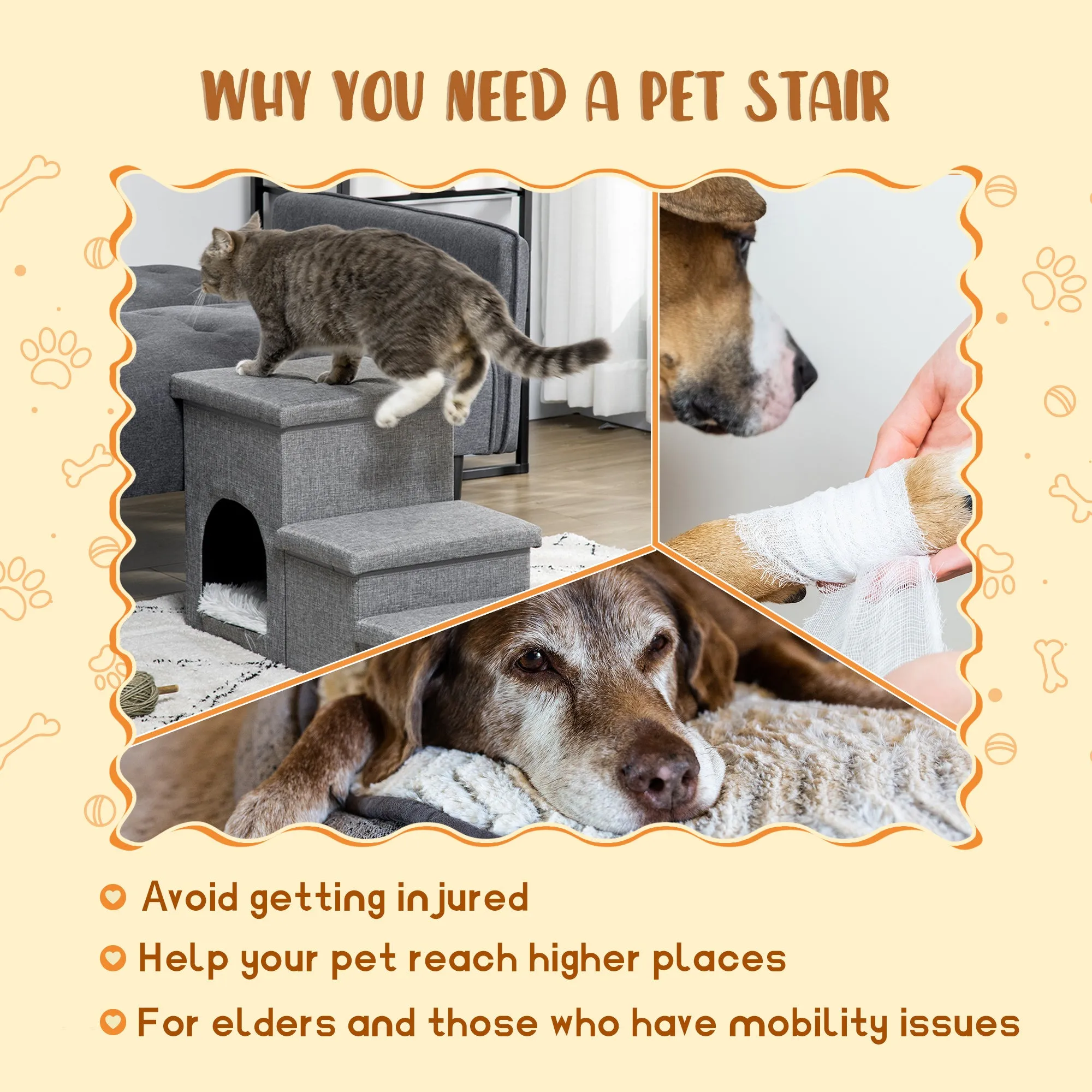 Dog Steps for Bed, 3 Step Pet Stairs with Kitten House and 2 Storage Boxes, 3 in 1 Dog Ramp for Sofa with Washable Plush Cushion, Grey