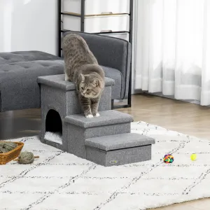 Dog Steps for Bed, 3 Step Pet Stairs with Kitten House and 2 Storage Boxes, 3 in 1 Dog Ramp for Sofa with Washable Plush Cushion, Grey