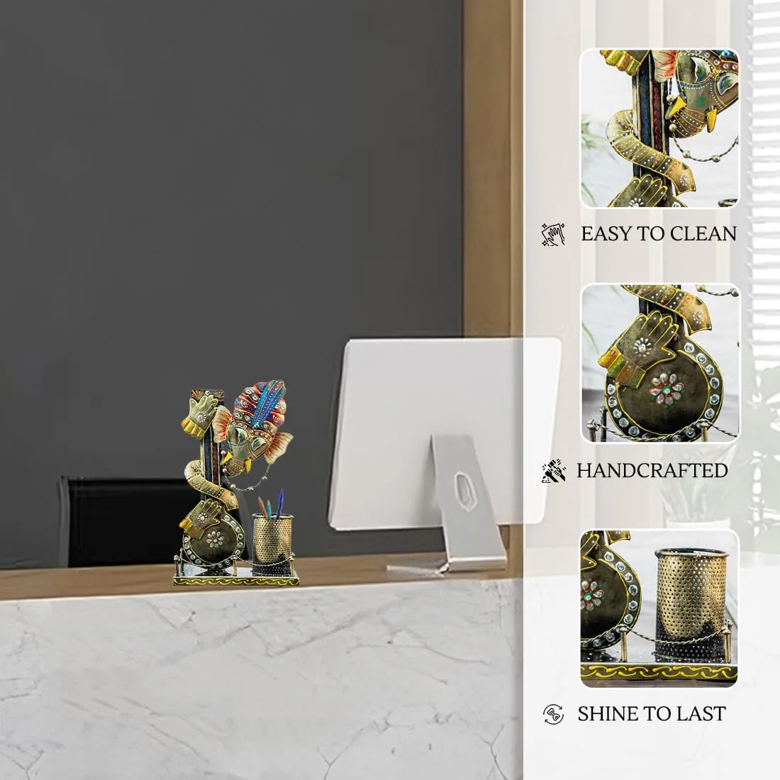 Ekhasa Metallic Antique Ganesha Aesthetic Pen Stand For Study Table and Office Desk | Decorative Pen Holder for Home, Living Room,Office, and Tabletop | Gift for Décor Items