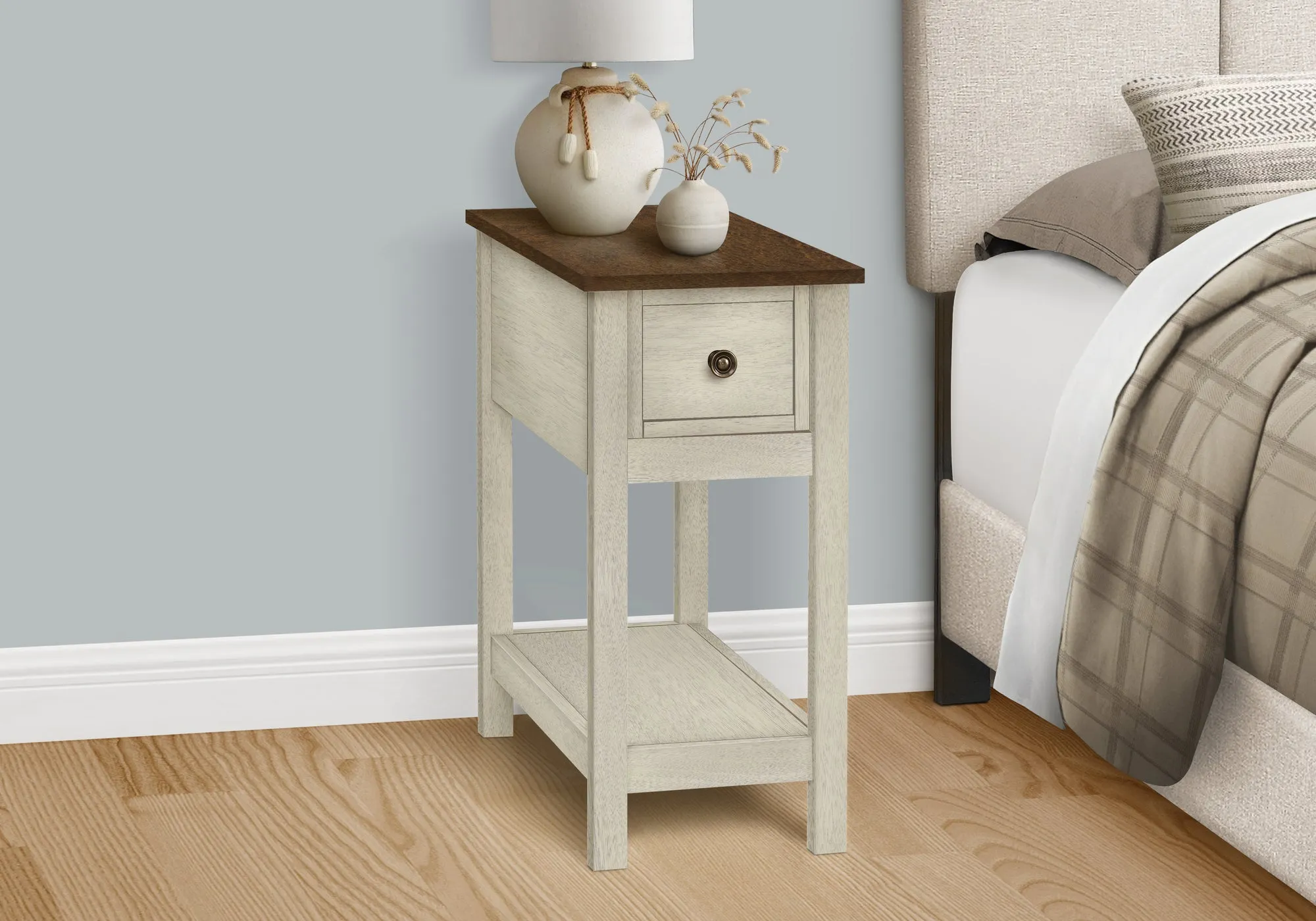 Elegance DuoTier Accent Table – Antique White & Brown Veneer, Transitional End Table with Storage Drawer