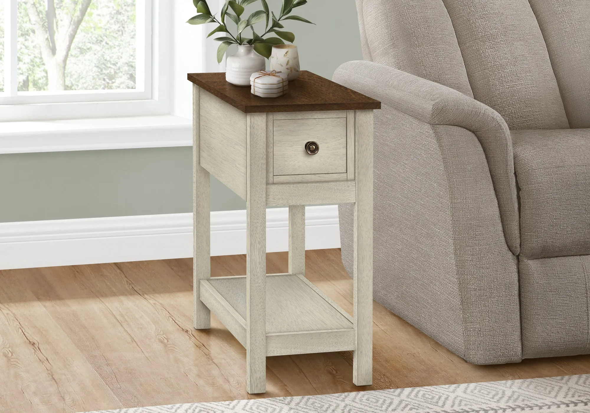 Elegance DuoTier Accent Table – Antique White & Brown Veneer, Transitional End Table with Storage Drawer