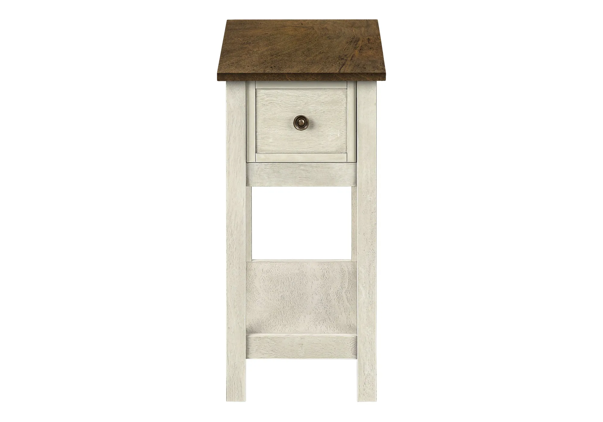 Elegance DuoTier Accent Table – Antique White & Brown Veneer, Transitional End Table with Storage Drawer