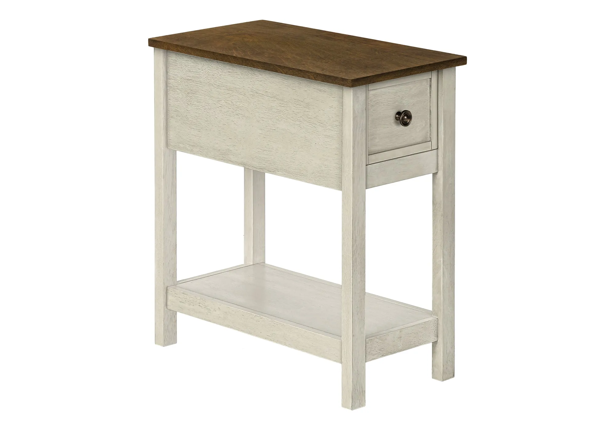 Elegance DuoTier Accent Table – Antique White & Brown Veneer, Transitional End Table with Storage Drawer