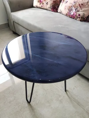 Epoxy Resin Table, Coffee Table, Center Table, Side Table - Dark Blue Color with Marble Texture (Diameter 24 inches, Height 18 inches)