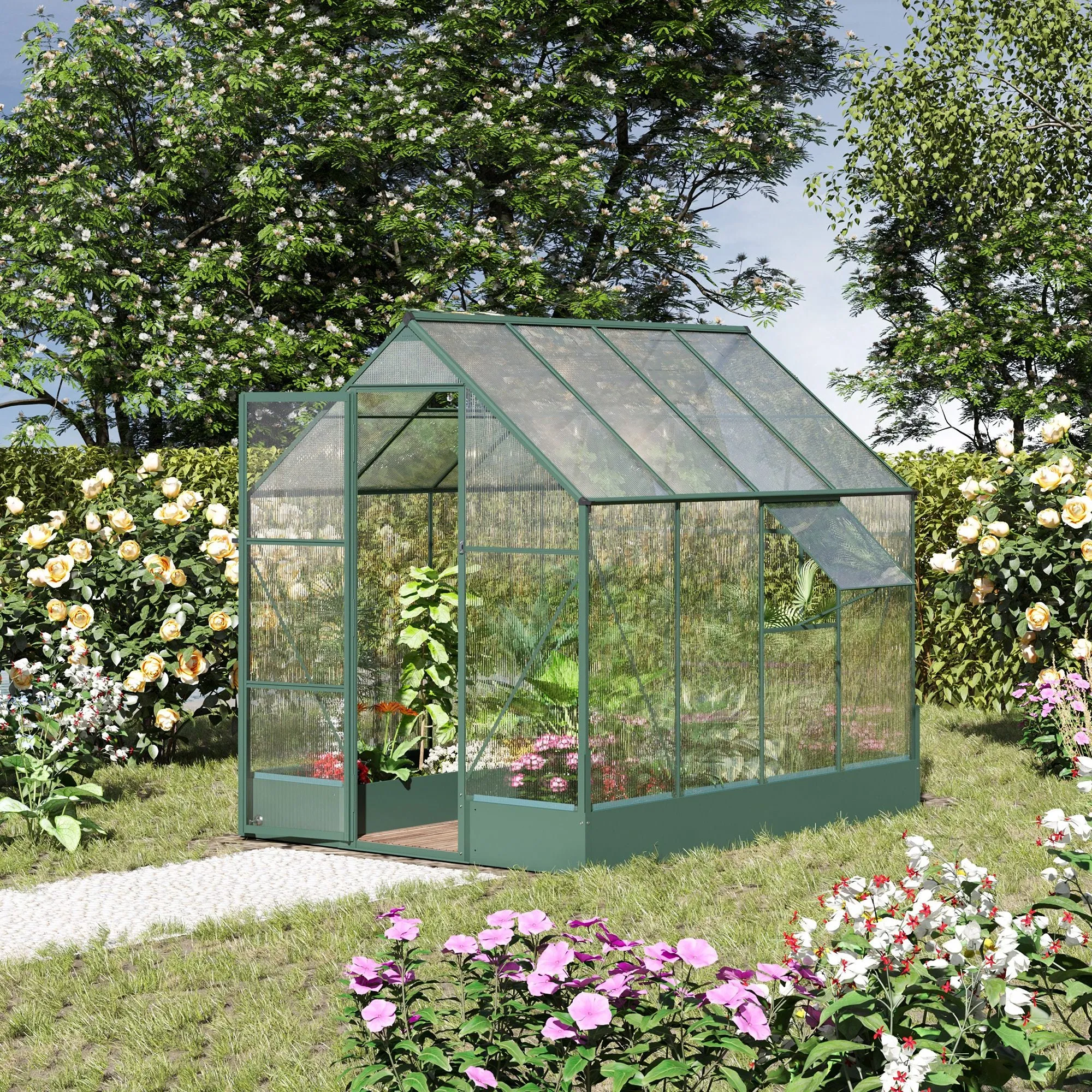 Garden Walk-in Aluminium Greenhouse Polycarbonate with Plant Bed ,Temperature Controlled Window, Foundation, 6 x 8ft