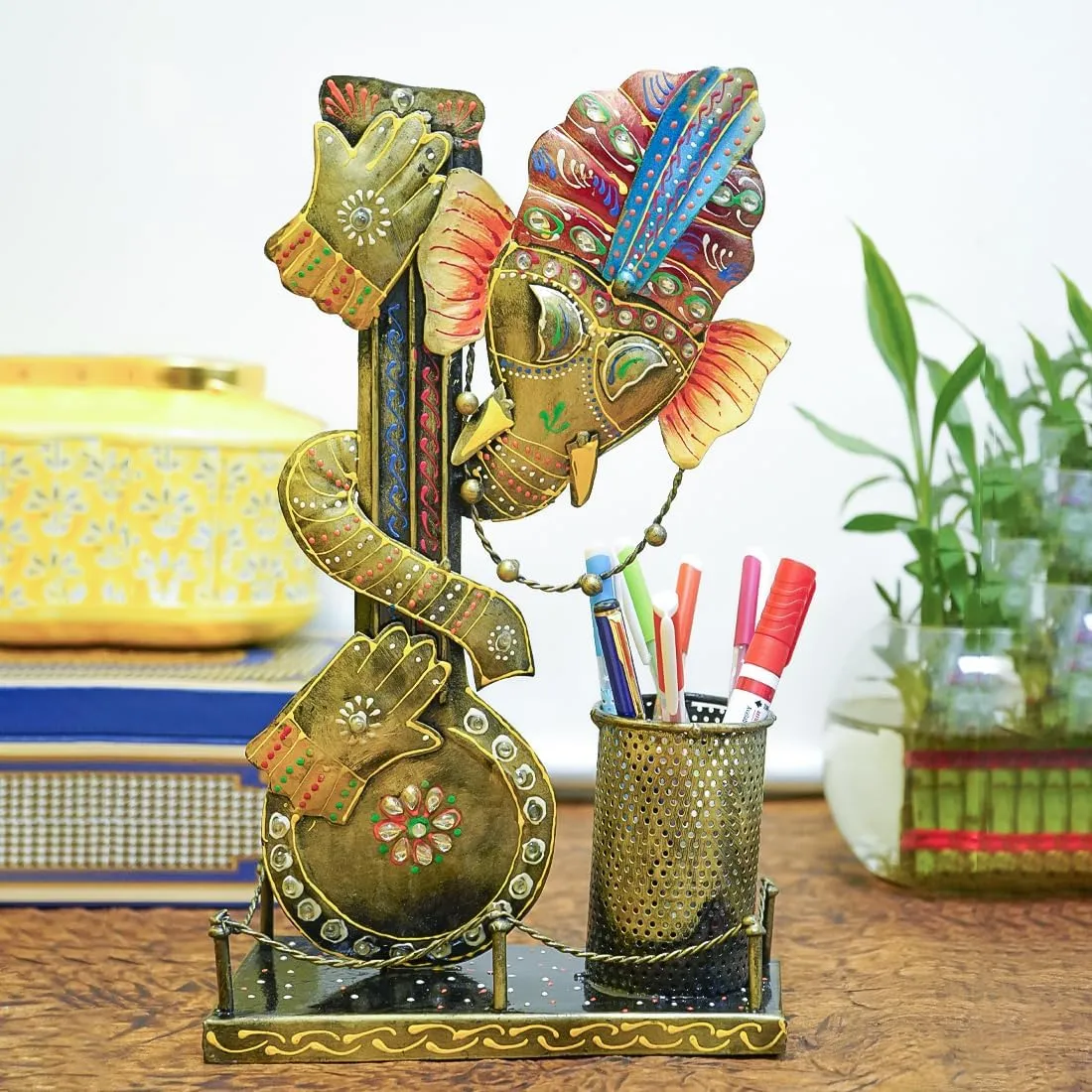 Gleevers Metallic Antique Ganesha Aesthetic Pen Stand For Study Table and Office Desk | Decorative Pen Holder for Home, Living Room,Office, and Tabletop | Gift for Décor Items