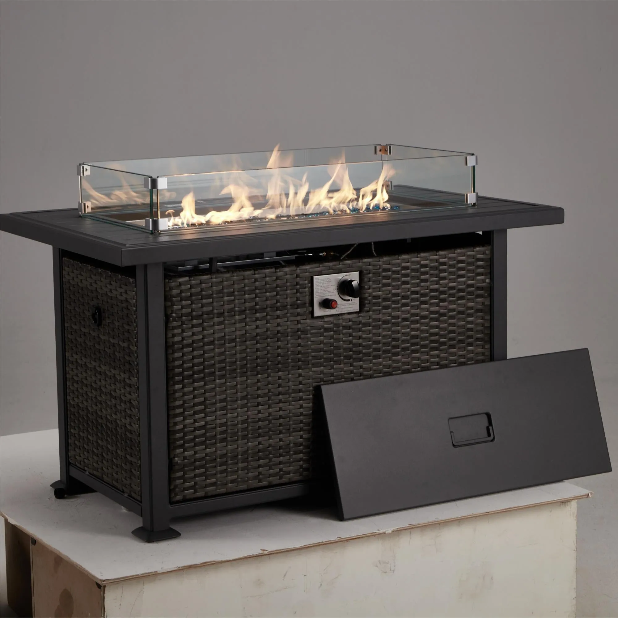 Homrest 44 in Propane Fire Pit with Aluminum Table Top and Glass Wind Guard, Dark Gray