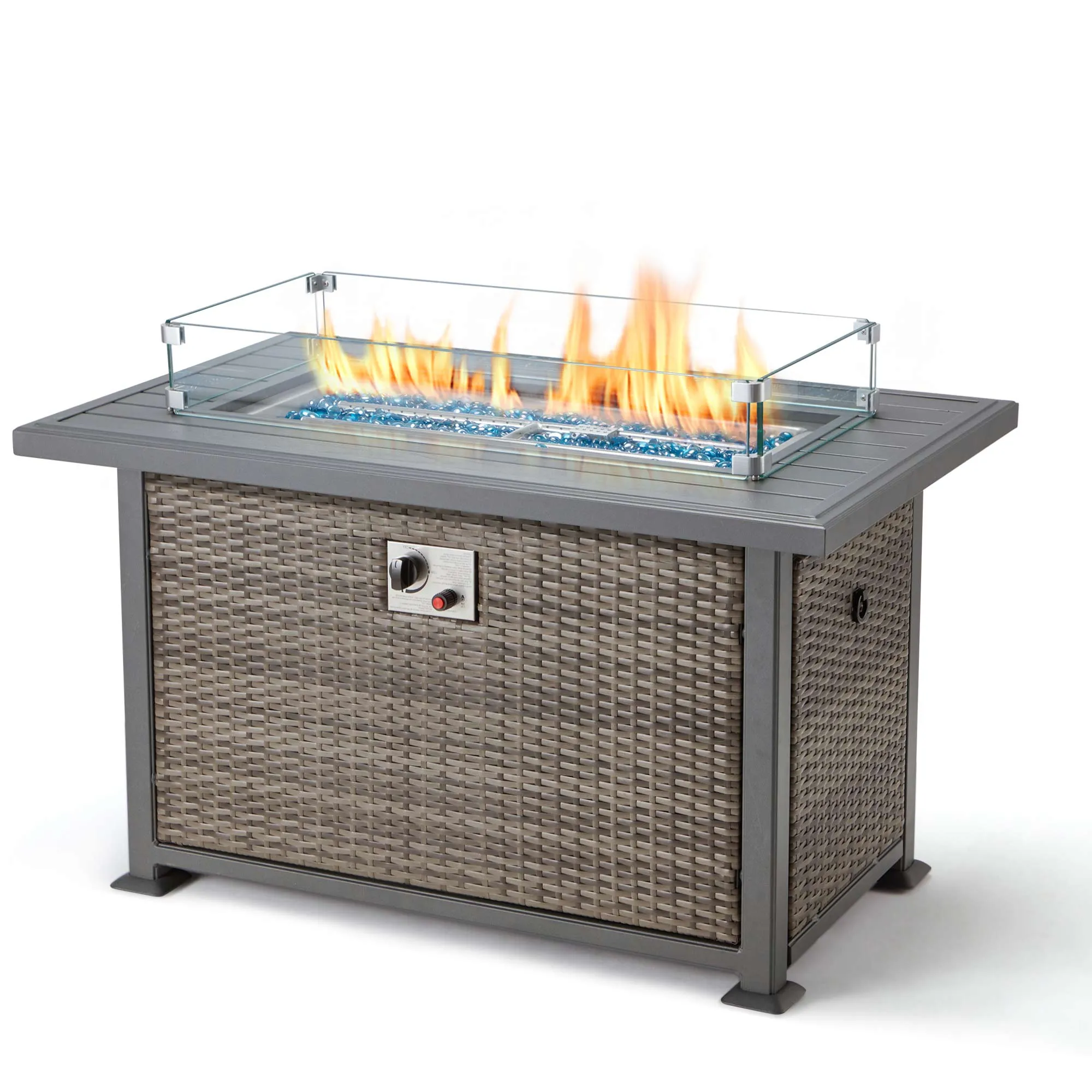 Homrest 44 in Propane Fire Pit with Aluminum Table Top and Glass Wind Guard, Dark Gray