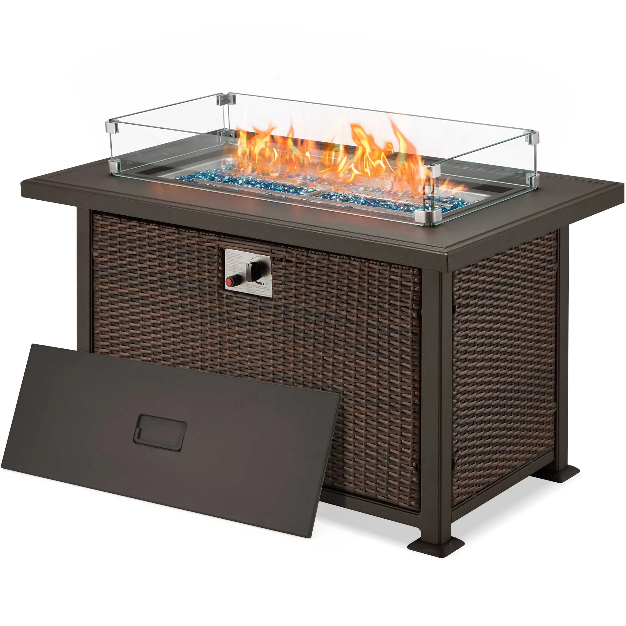 Homrest 50 in Propane Fire Pit Table w/ Glass Wind Guard and Aluminum Tabletop, Dark Brown