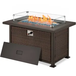 Homrest 50 in Propane Fire Pit Table w/ Glass Wind Guard and Aluminum Tabletop, Dark Brown