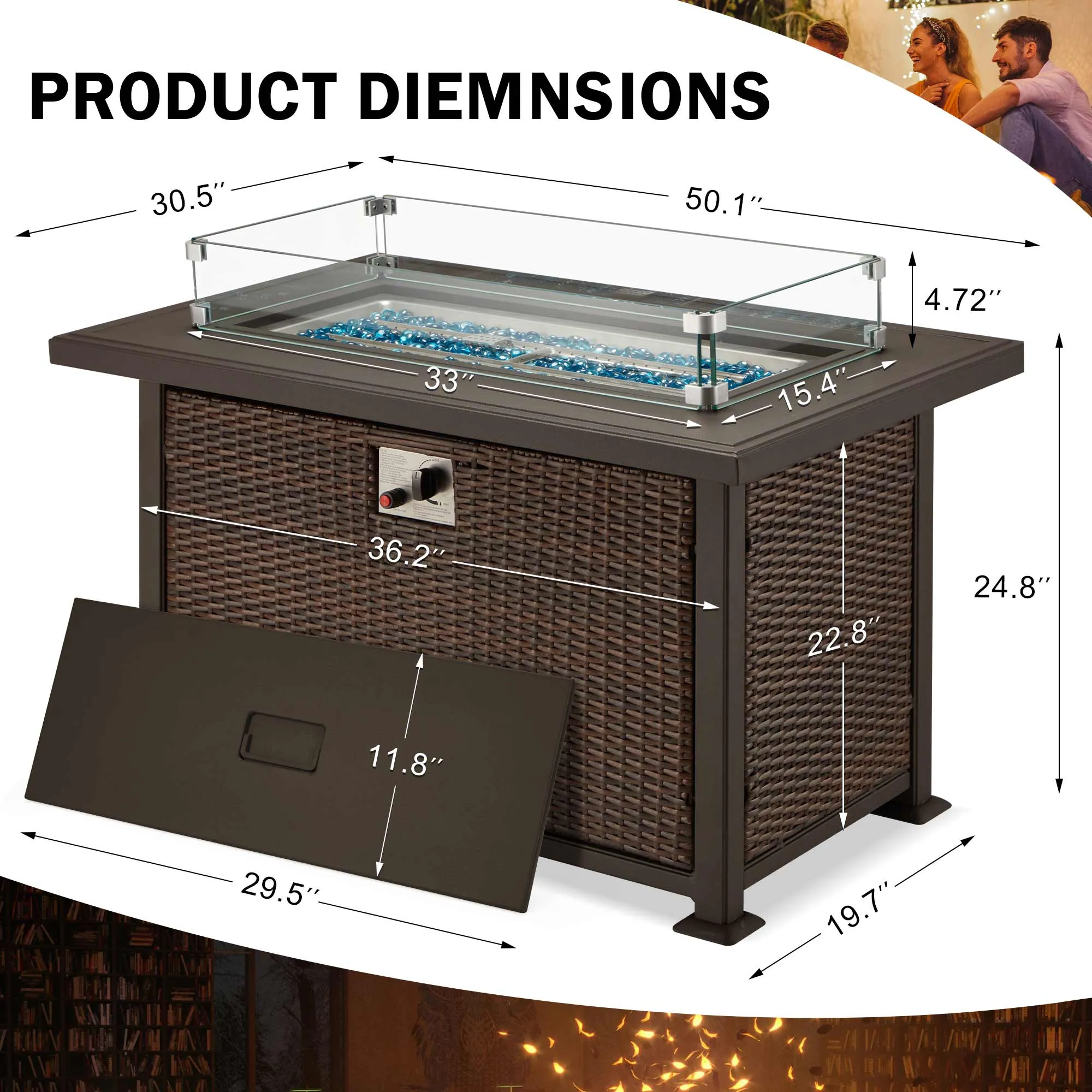 Homrest 50 in Propane Fire Pit Table w/ Glass Wind Guard and Aluminum Tabletop, Dark Brown