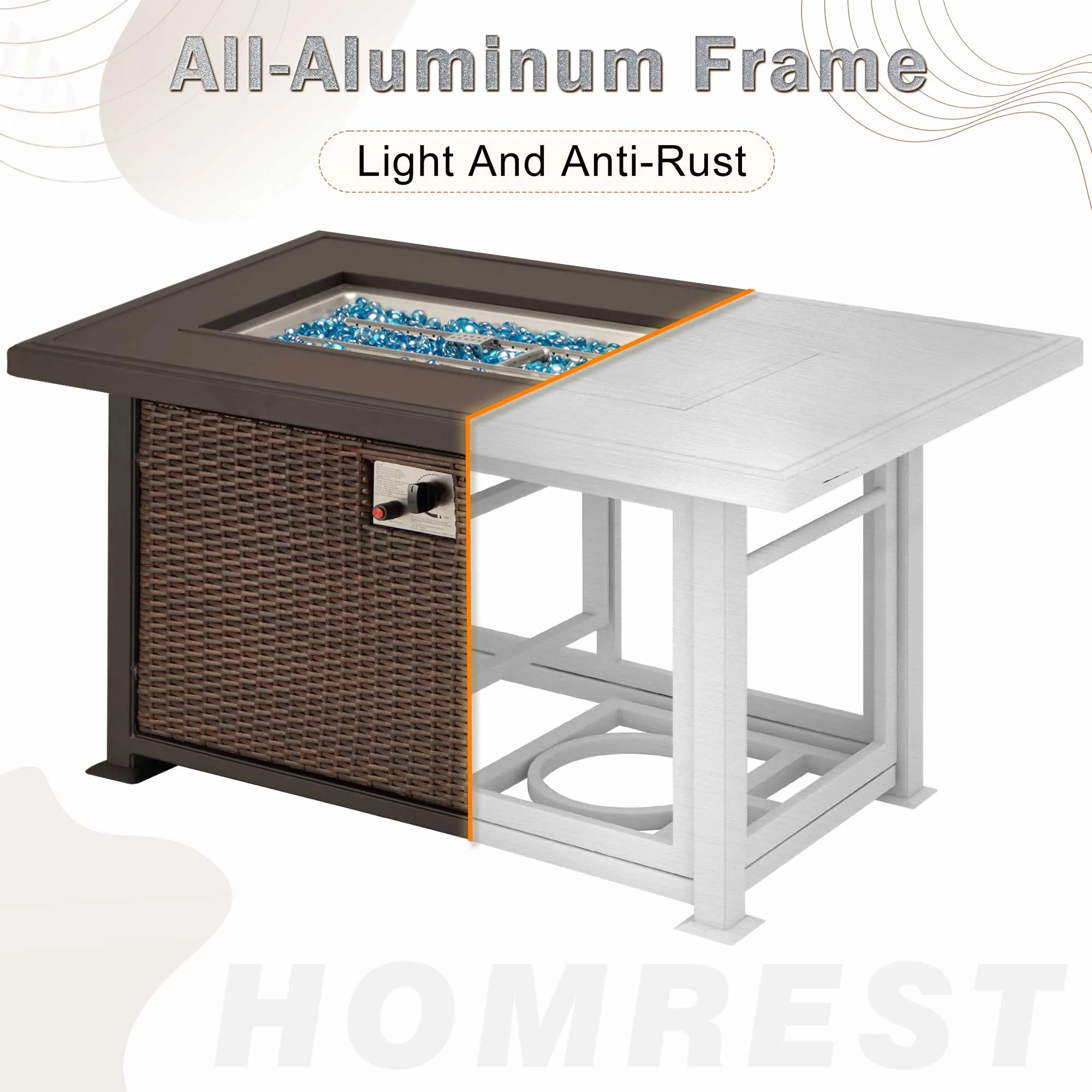 Homrest 50 in Propane Fire Pit Table w/ Glass Wind Guard and Aluminum Tabletop, Dark Brown