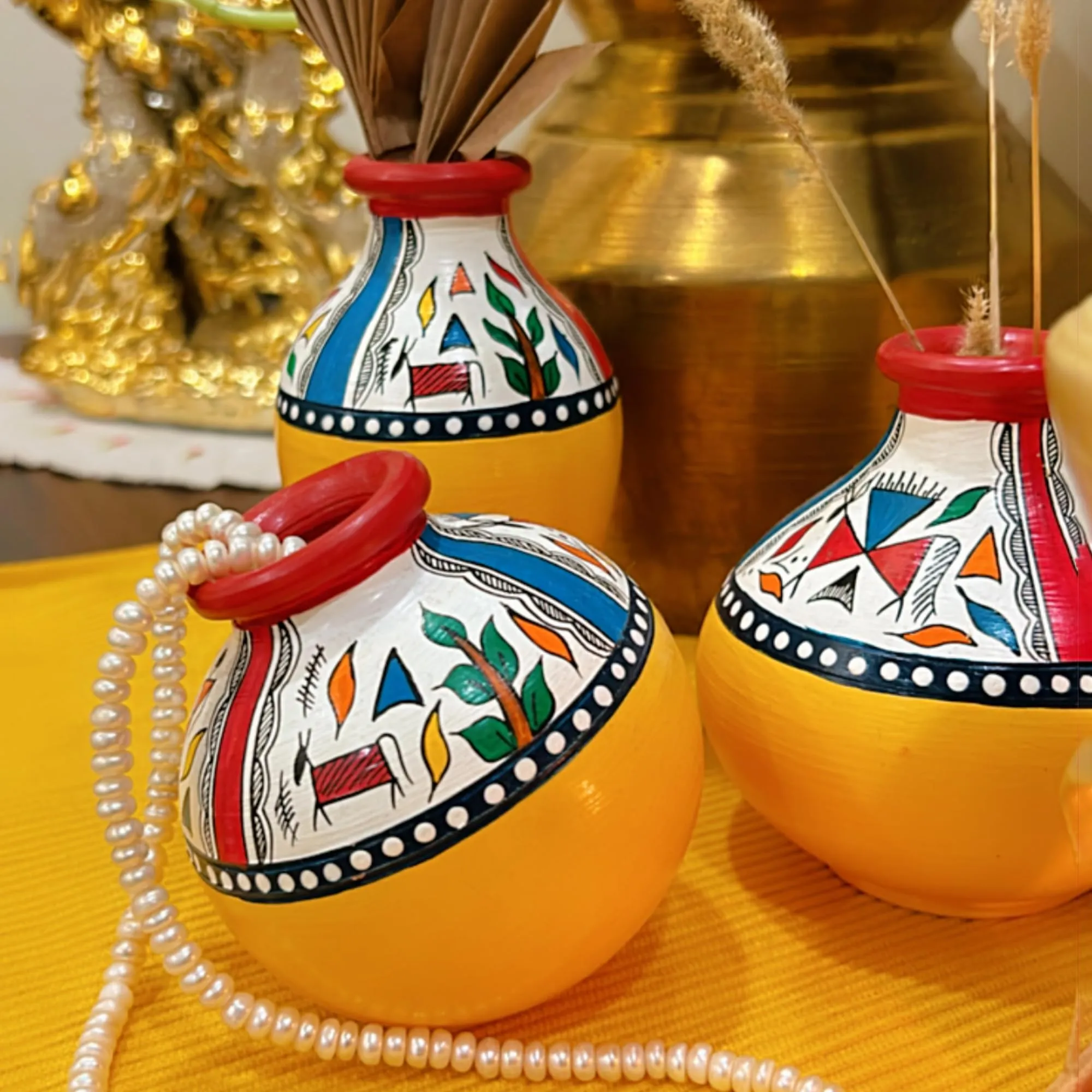 KalaTree Terracotta Decorative Pots Vases for Home Décor — Earthenware Hand Painted Miniature Pots Artifacts for Living Room | Vibrant Mustard : Warli