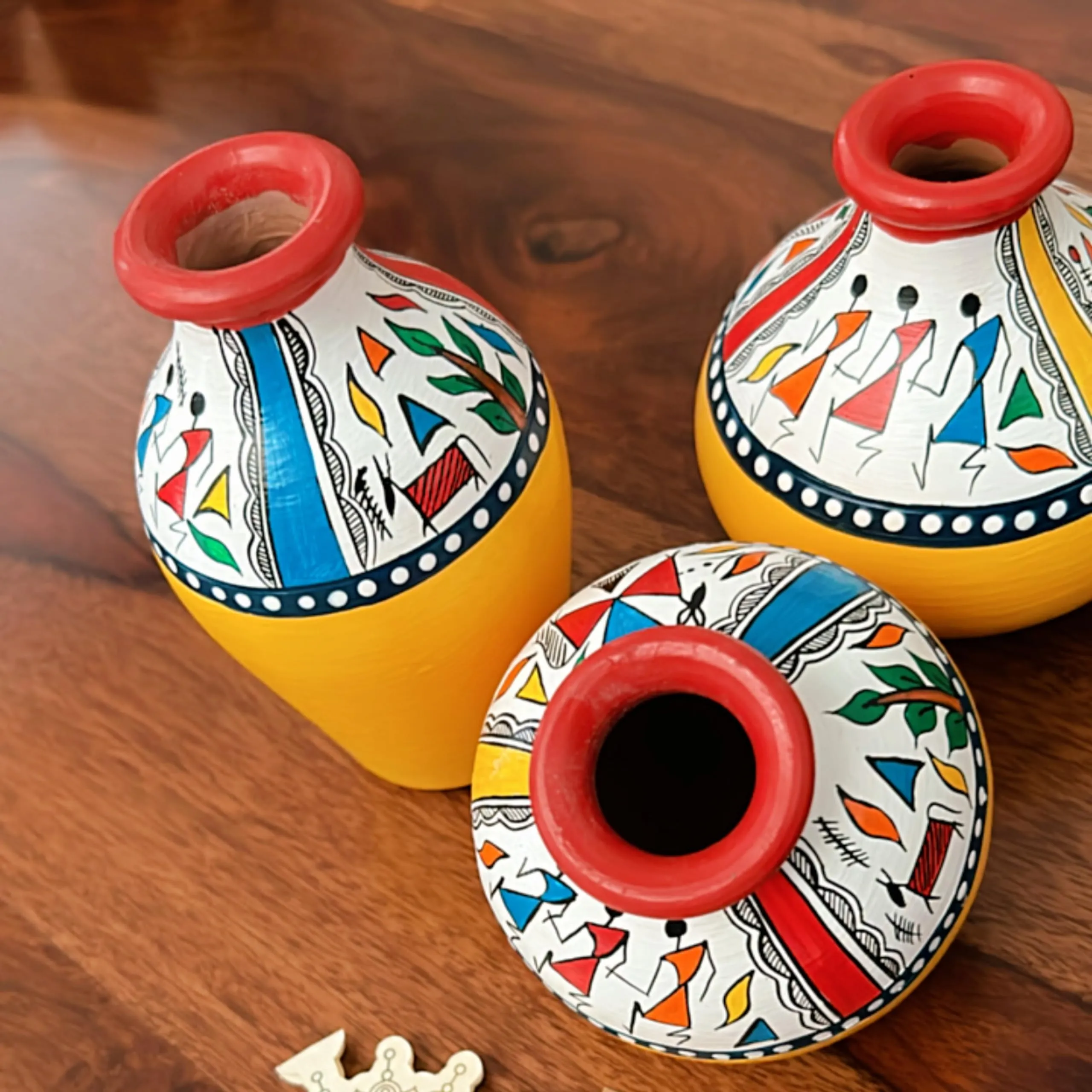 KalaTree Terracotta Decorative Pots Vases for Home Décor — Earthenware Hand Painted Miniature Pots Artifacts for Living Room | Vibrant Mustard : Warli