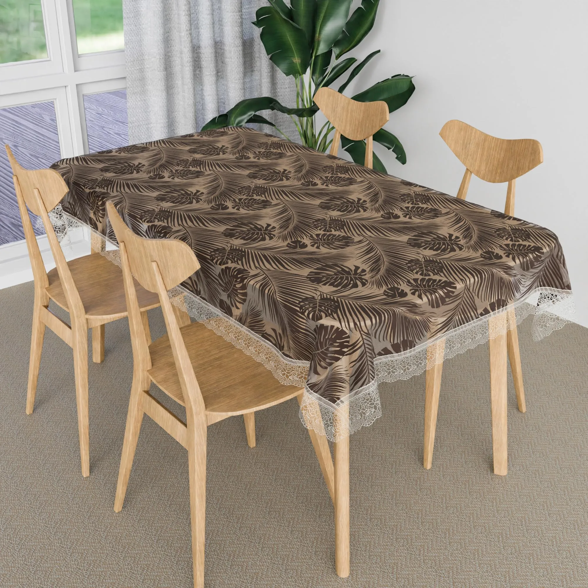 Kuber Industries Table Cover | PVC Dining Table Cover | Table Cloth | Center Table Cover | Table Cover for Kitchen Table | 3D Leaf Table Cover for Hall Décor | 48x60 Inch | Brown