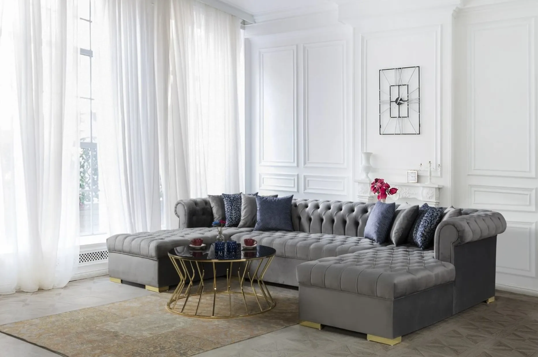 Lauren Velvet Gray Double Chaise Sectional