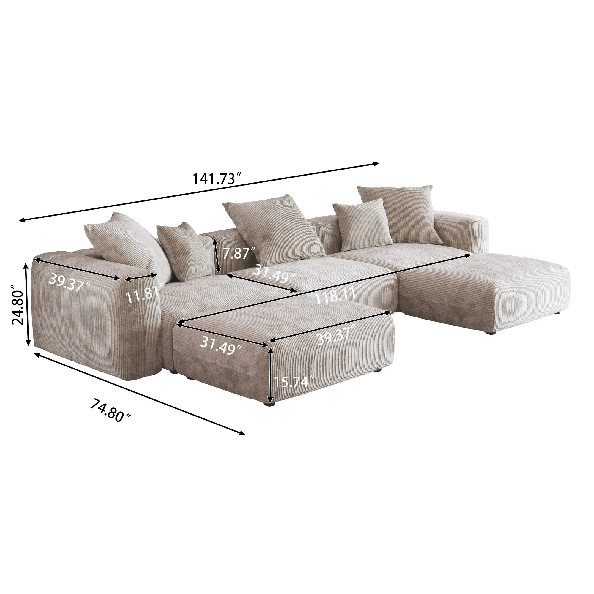 Modular Sectional Sofa, Corduroy U Shaped Sofa Couch with Chaise Ottomans - Beige