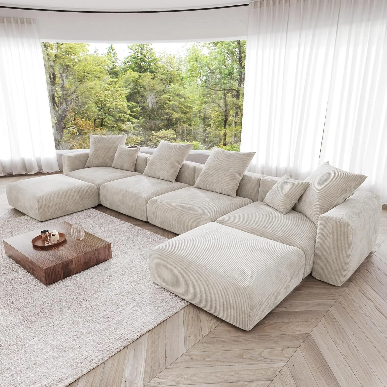 Modular Sectional Sofa, Corduroy U Shaped Sofa Couch with Chaise Ottomans - Beige