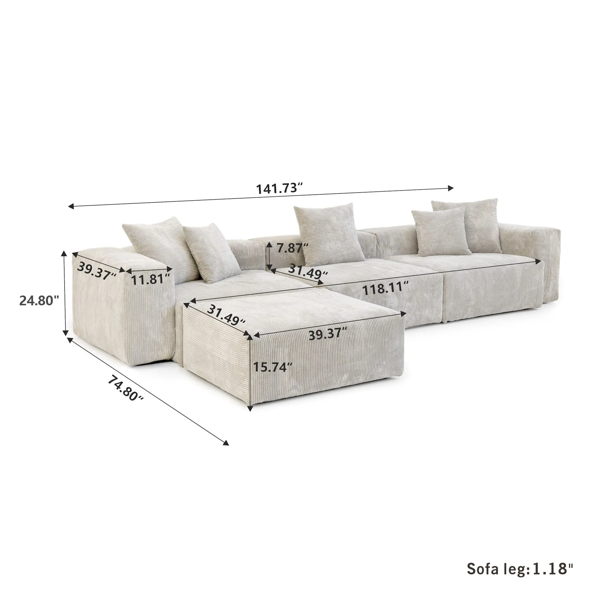 Modular Sectional Sofa, Corduroy U Shaped Sofa Couch with Chaise Ottomans - Beige