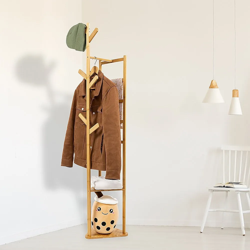 Natural Bamboo Clothes Coat Rack with Shelves and Hooks