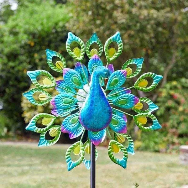 Peacock Wind Spinner with Solar Crackle Globe Light