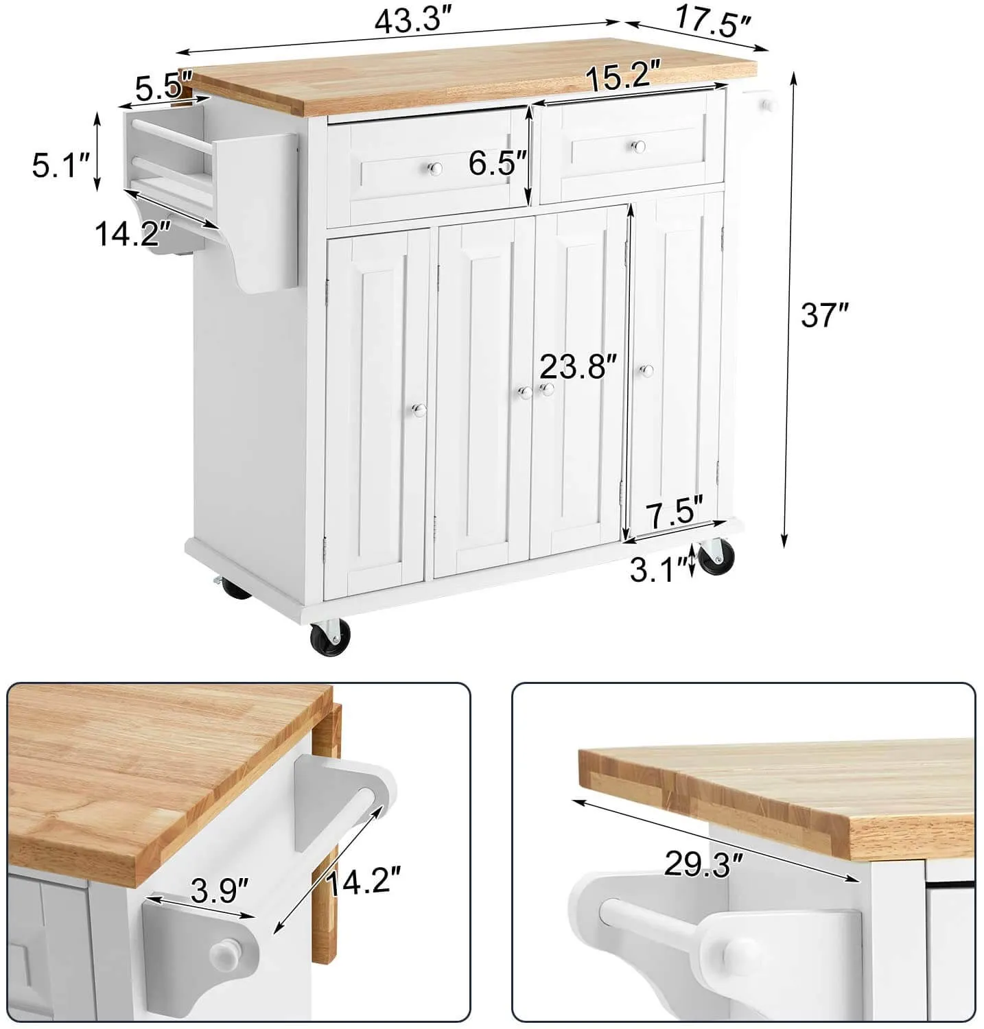 Rolling Kitchen Island Cart with Storage & Drop-Leaf Rubber Wood Tabletop, Lockable Wheels, Trolley Cart Utility Cabinet, Towel Rack, Spice Rack(White)