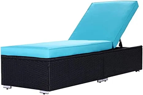 Sunvivi Outdoor Chaise Lounge, Patio Lounge Chair Wicker Adjustable Reclining Chair for Pool with Removable Cushion, Blue