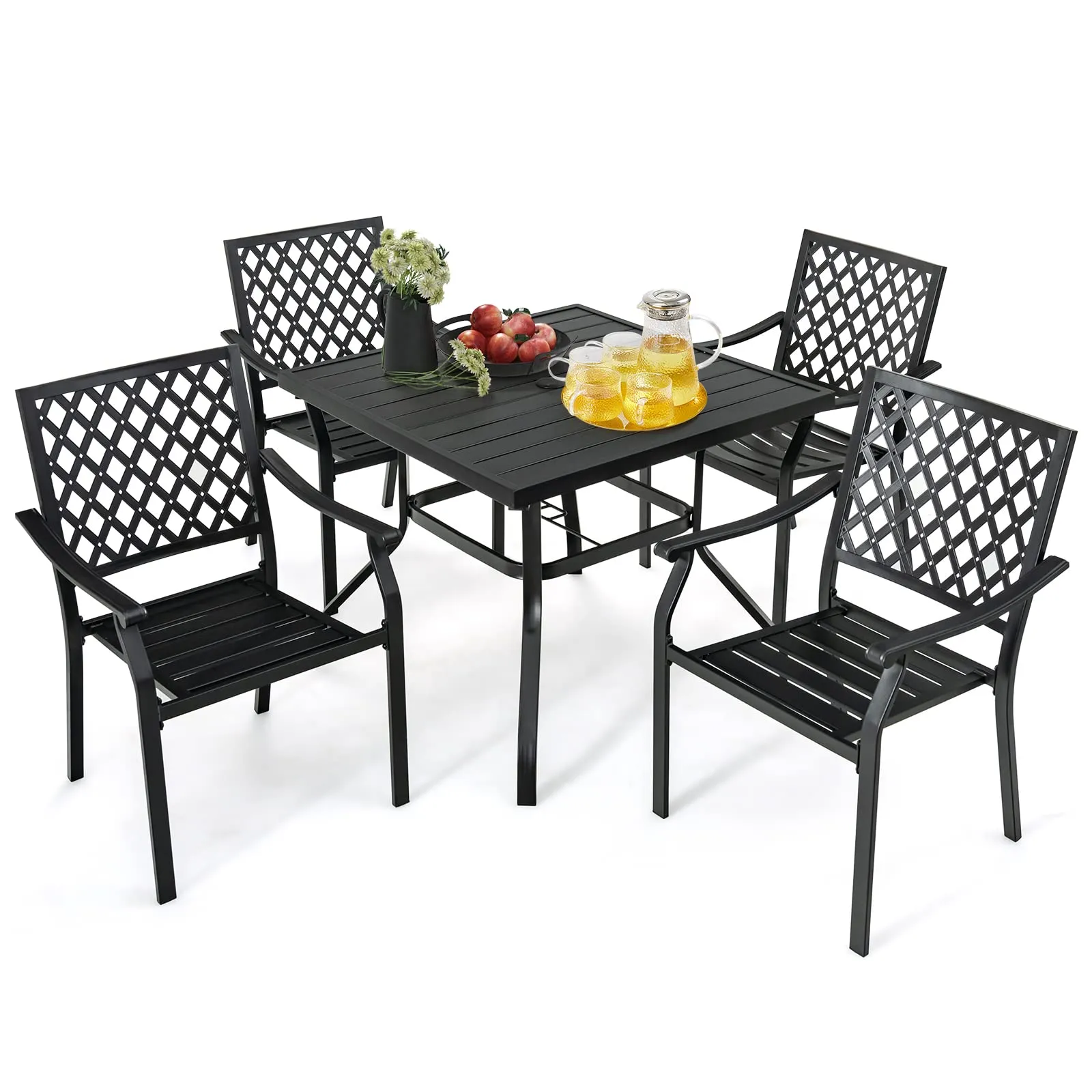 Tangkula 5 Pieces Metal Patio Dining Set, 37" Square Dining Table with 4 Stackable Chairs