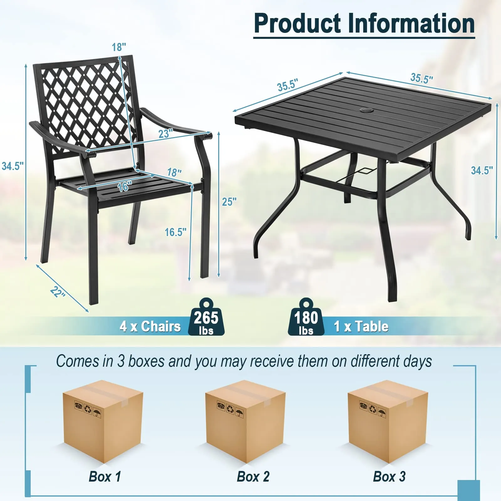 Tangkula 5 Pieces Metal Patio Dining Set, 37" Square Dining Table with 4 Stackable Chairs