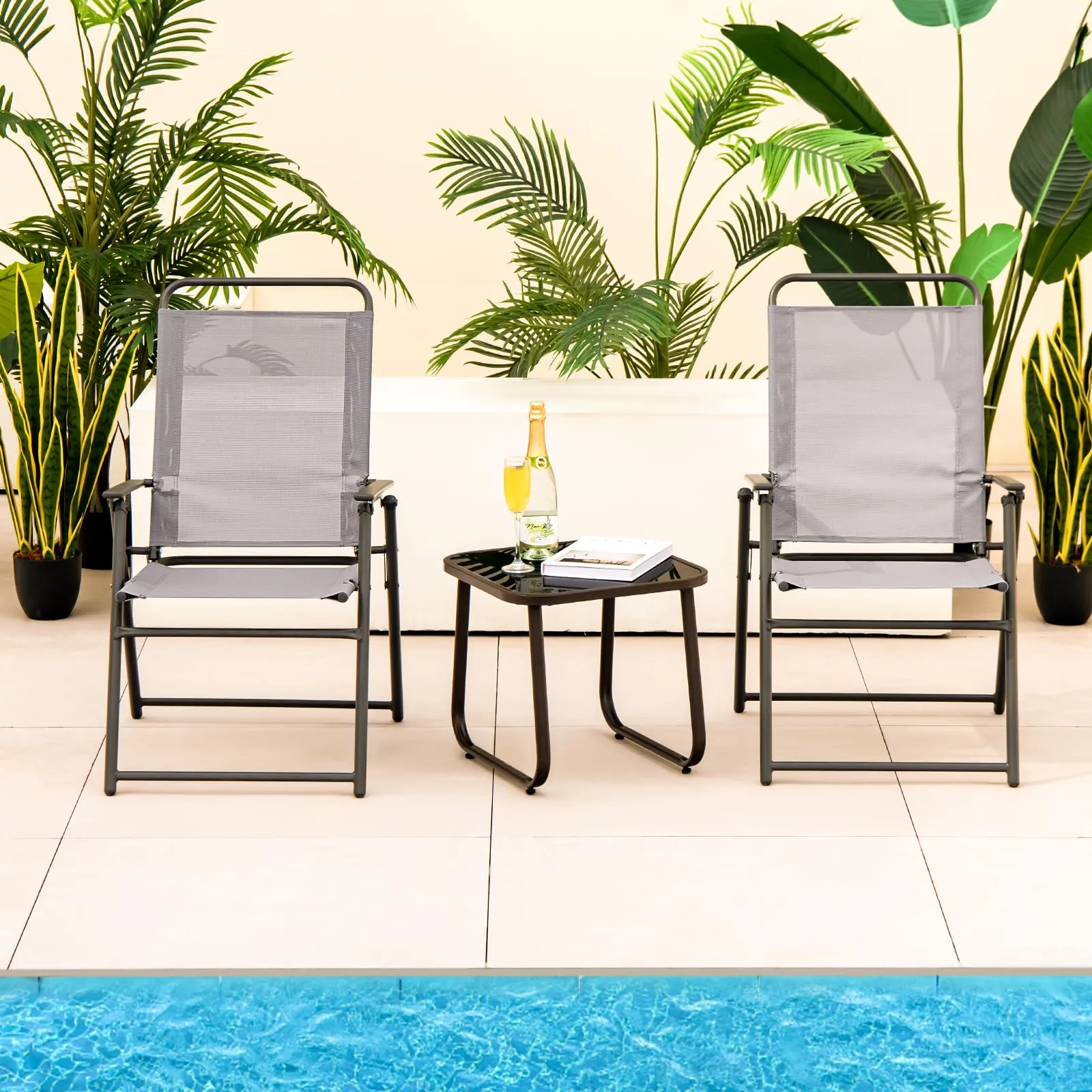 Tangkula Patio Folding Dining Chairs Set of 2, Space-Saving Outdoor Sling Chairs with Armrest & Backrest