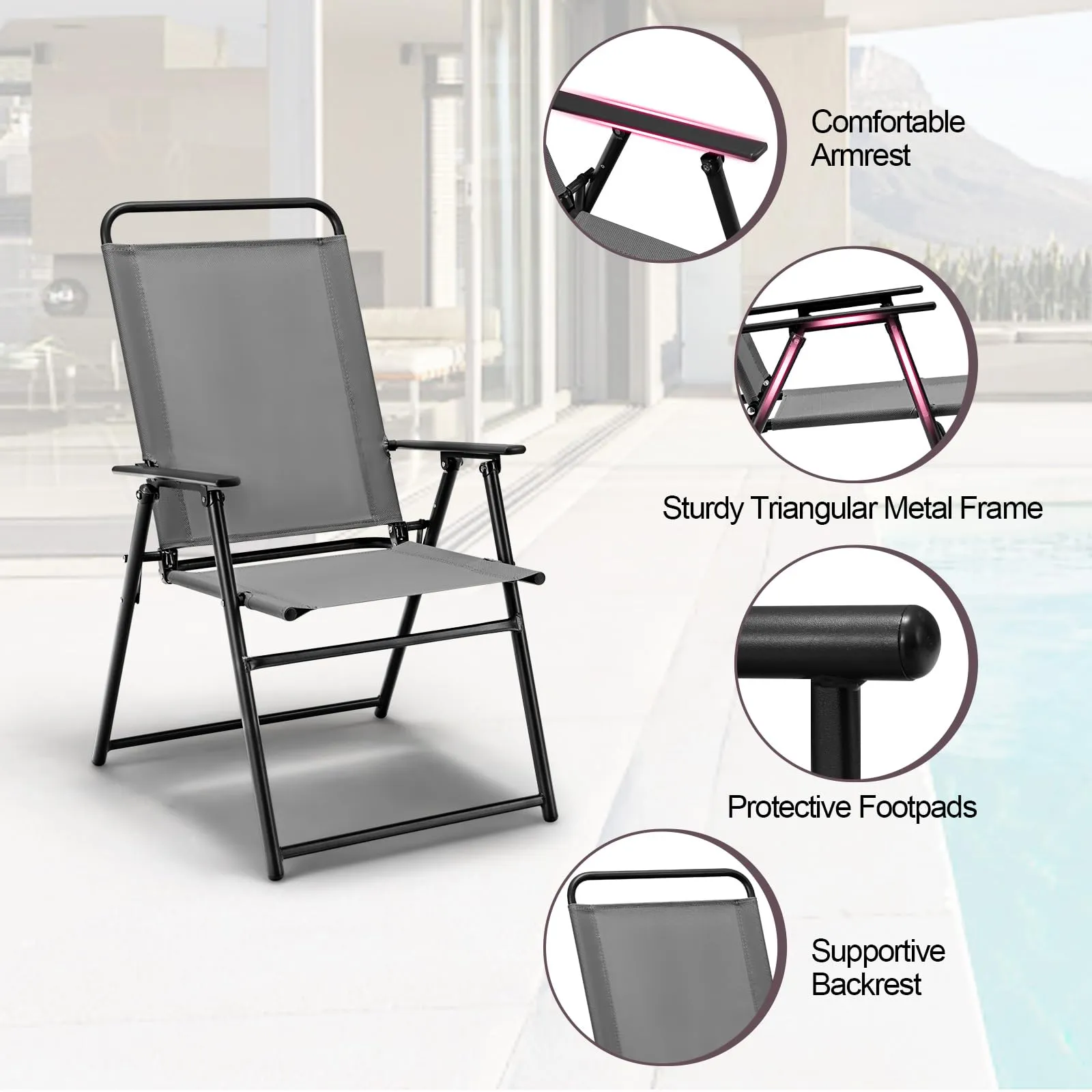 Tangkula Patio Folding Dining Chairs Set of 2, Space-Saving Outdoor Sling Chairs with Armrest & Backrest